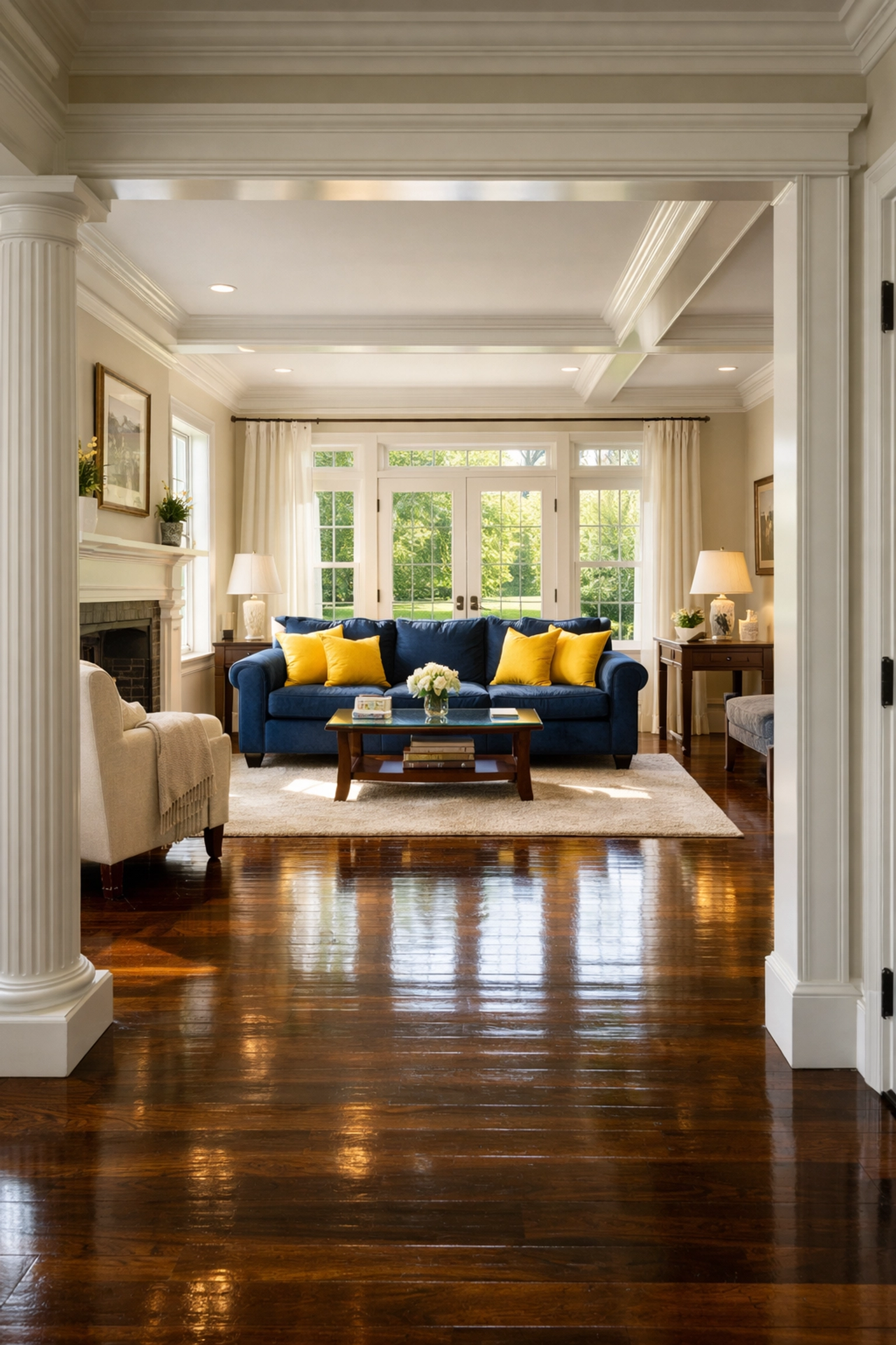 Pristine hardwood floors in a sunny living room after professional house cleaning in Tewksbury.
