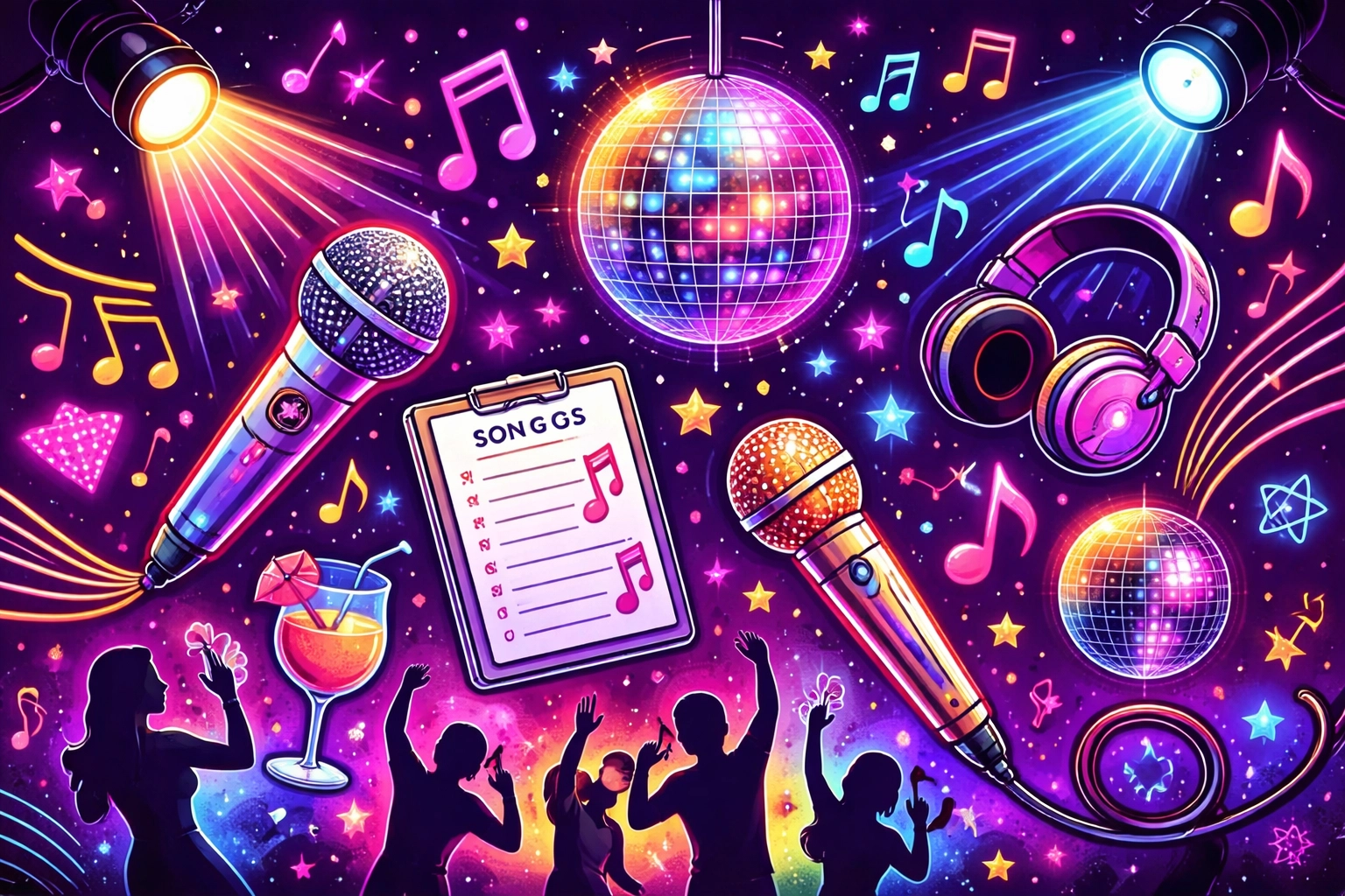 Colorful collage illustration of popular trivia night themes like movies, sports, and music, suggesting event variety.