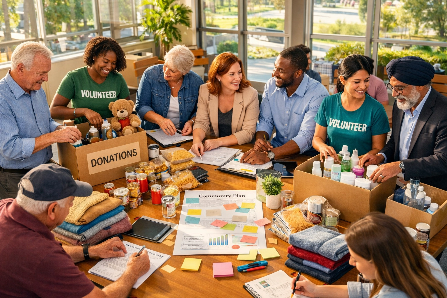 Drive photo: Corporate and nonprofit volunteers in a bright donation area sorting labeled bins of household essentials; diverse team members, natural light, organized workflow
