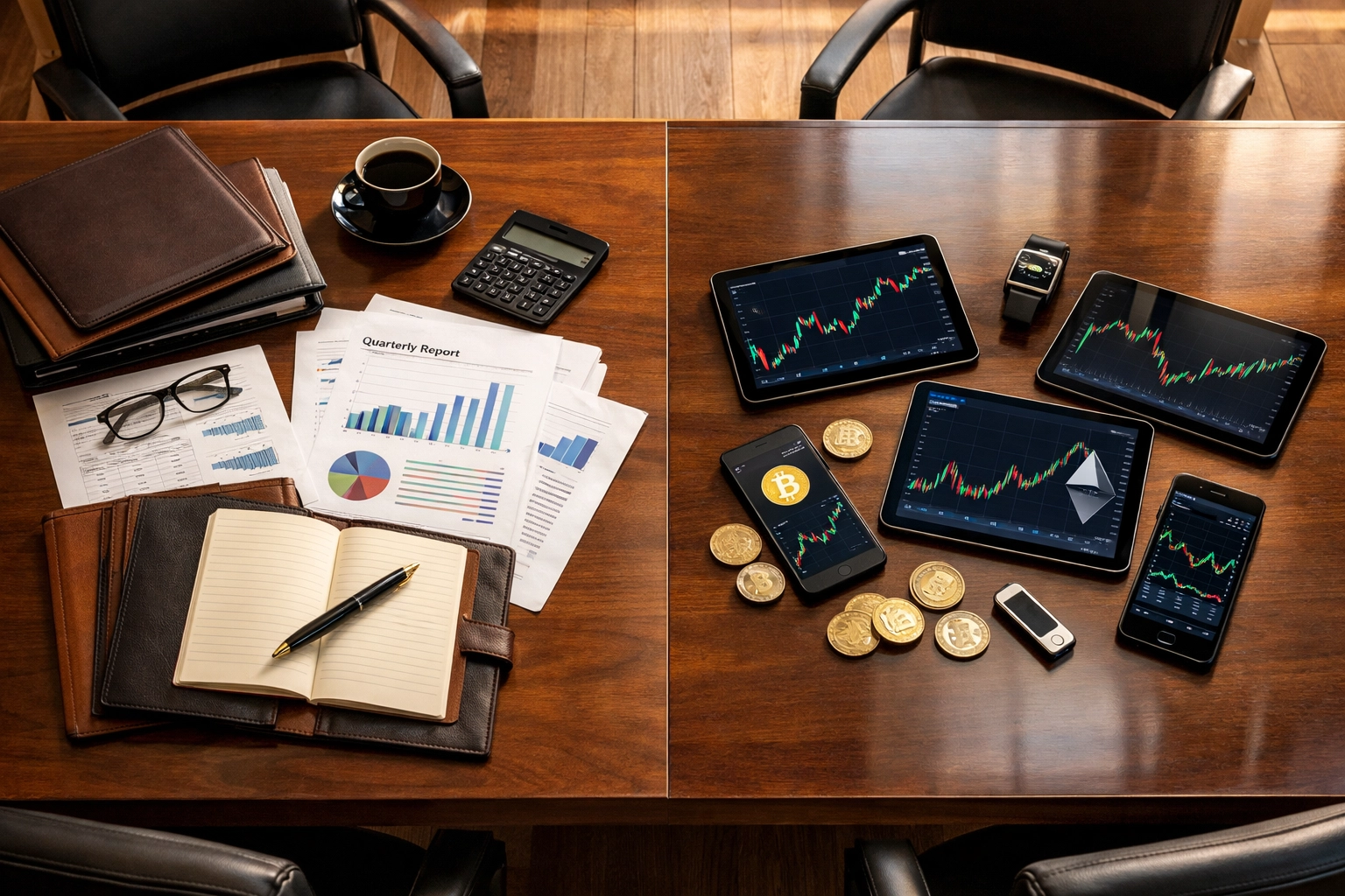 Institutional investment strategy combining traditional financial reports with cryptocurrency charts