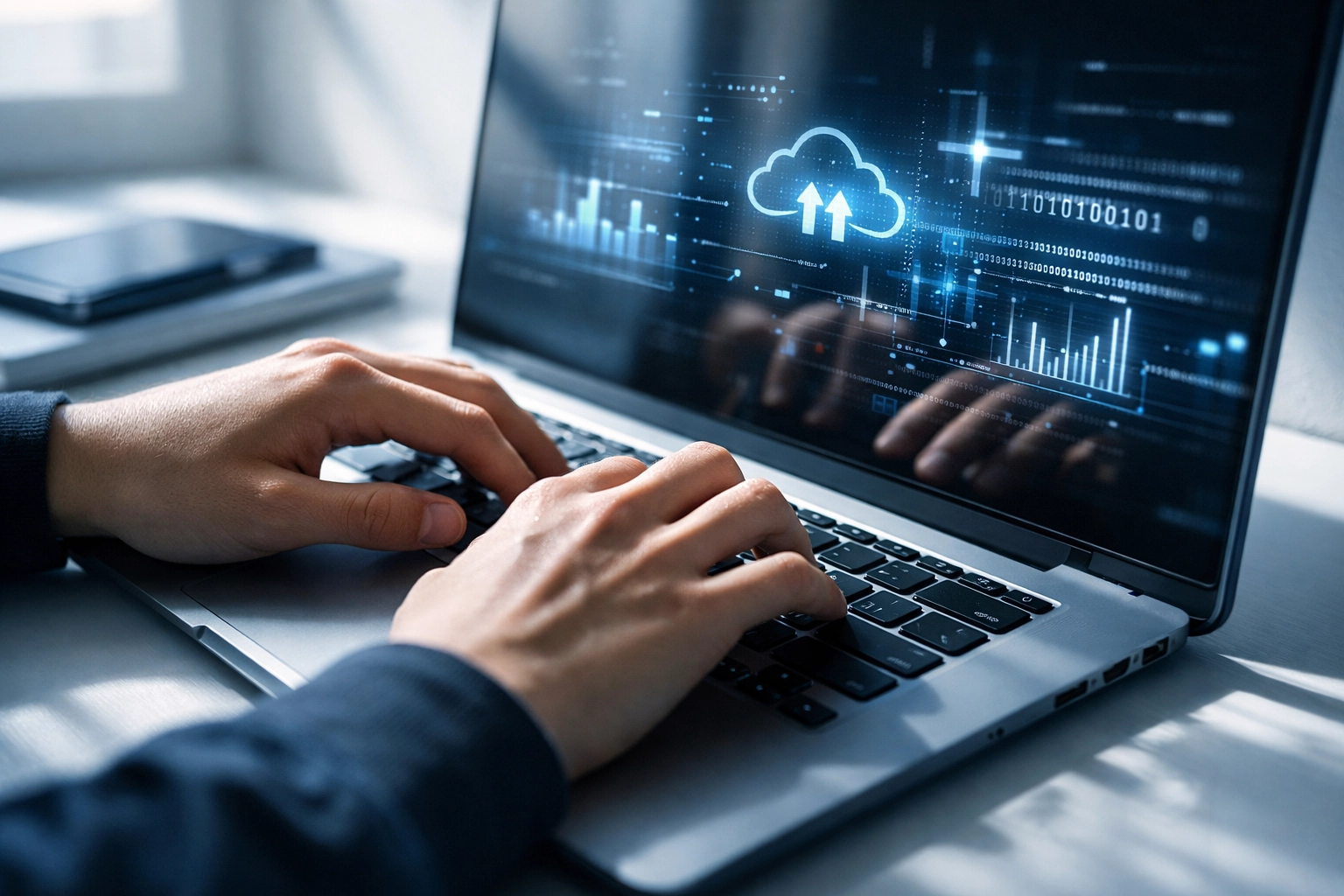 Young professional developing cloud computing skills on a laptop in a modern workspace