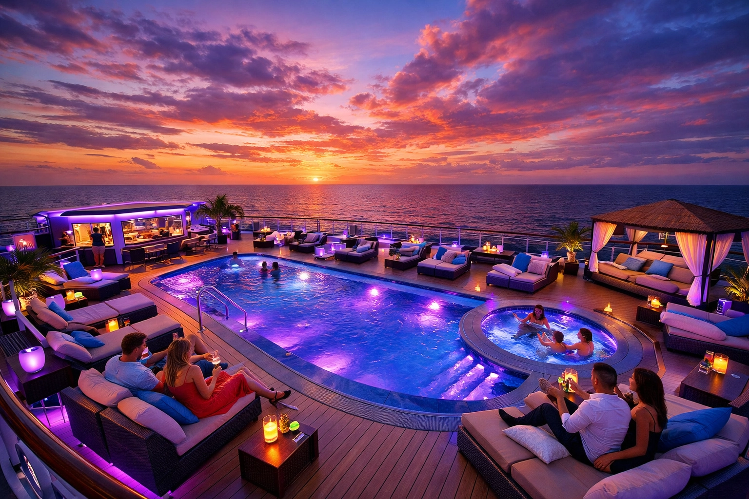 Lifestyle cruise ship pool deck at sunset with couples relaxing