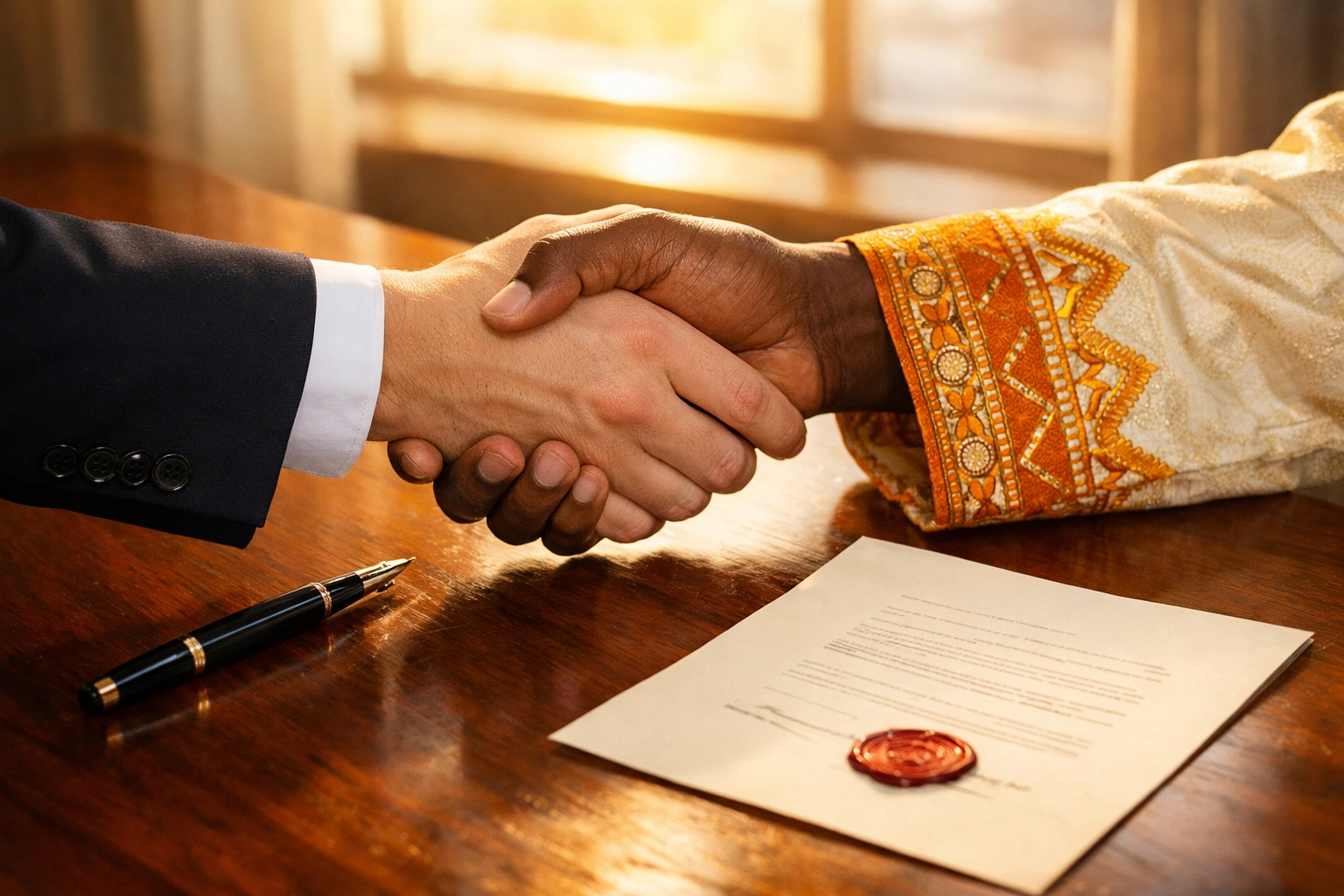 A handshake between leaders over a peace declaration, symbolizing reconciliation in South Sudan.