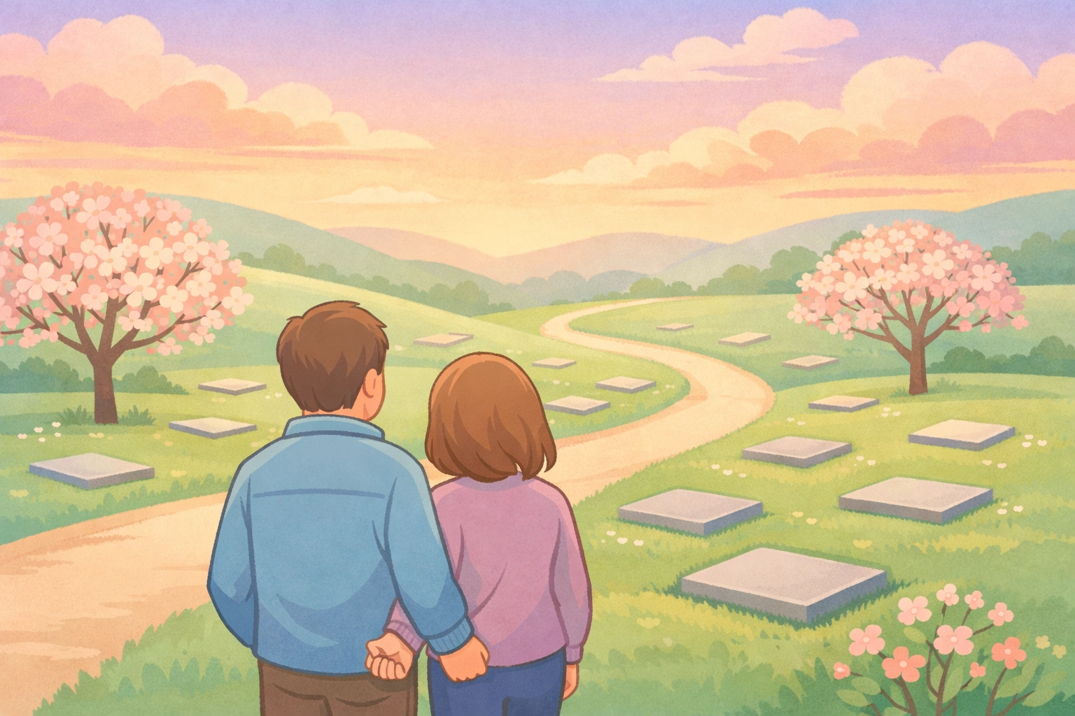 Couple viewing peaceful memorial garden while planning their future legacy together