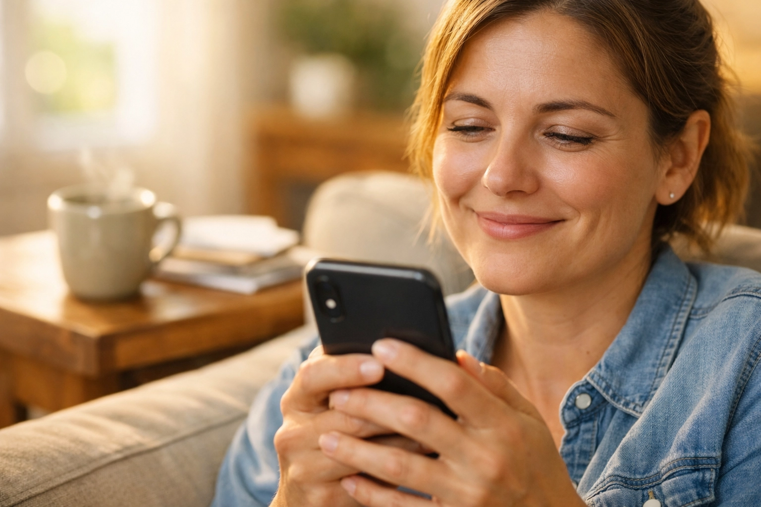 Une personne soulagée utilise son téléphone pour un crédit rapide et régler ses factures au Canada.