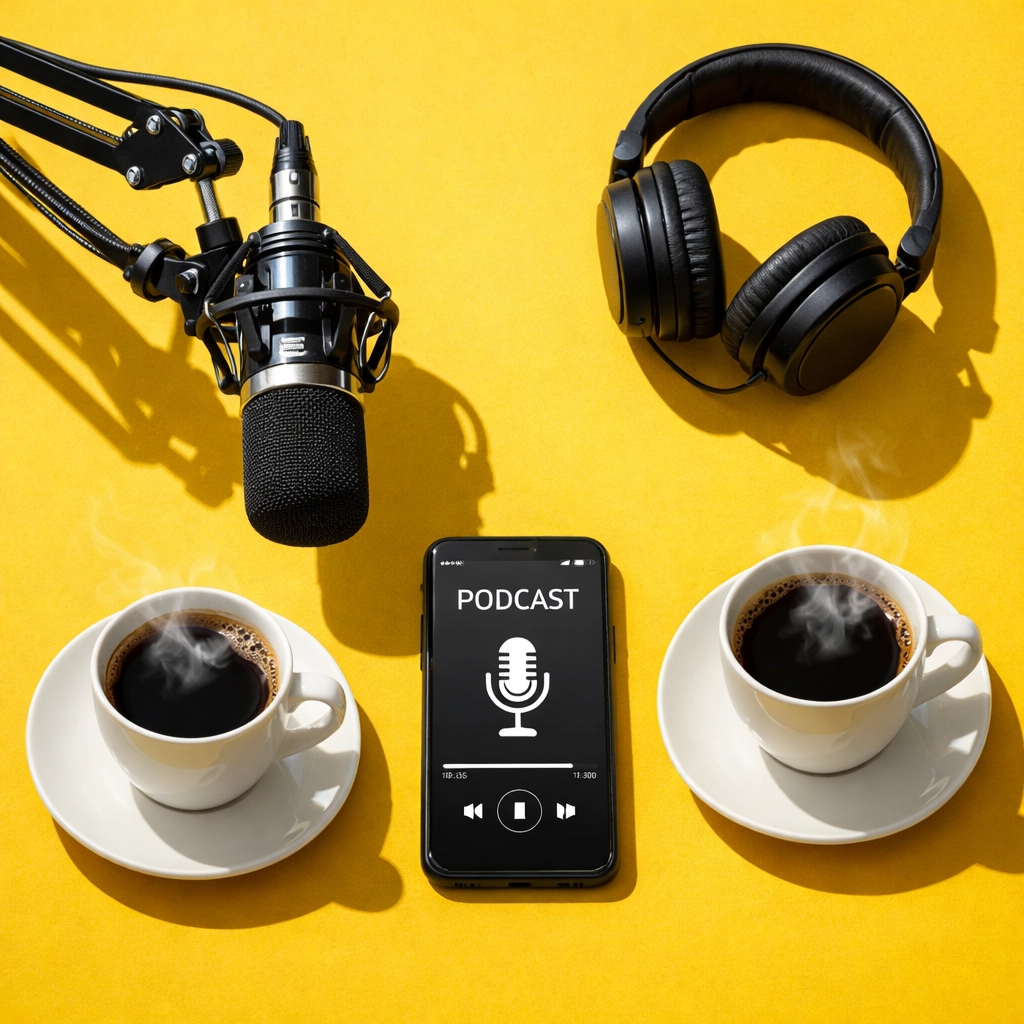 Professional podcast recording equipment next to coffee cups showing affordable studio costs