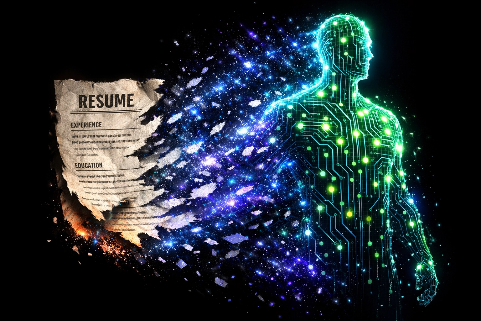 A paper resume turning into data particles, representing the shift toward AI automation skills in the workplace.