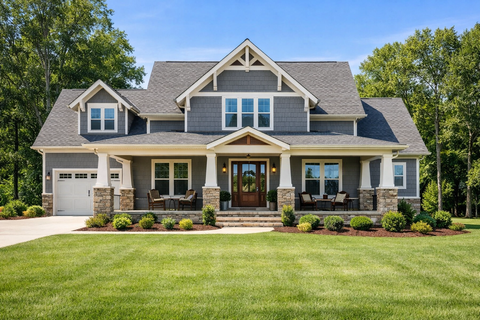 A modern craftsman family home in a quiet Cleveland TN neighborhood with a manicured green lawn.