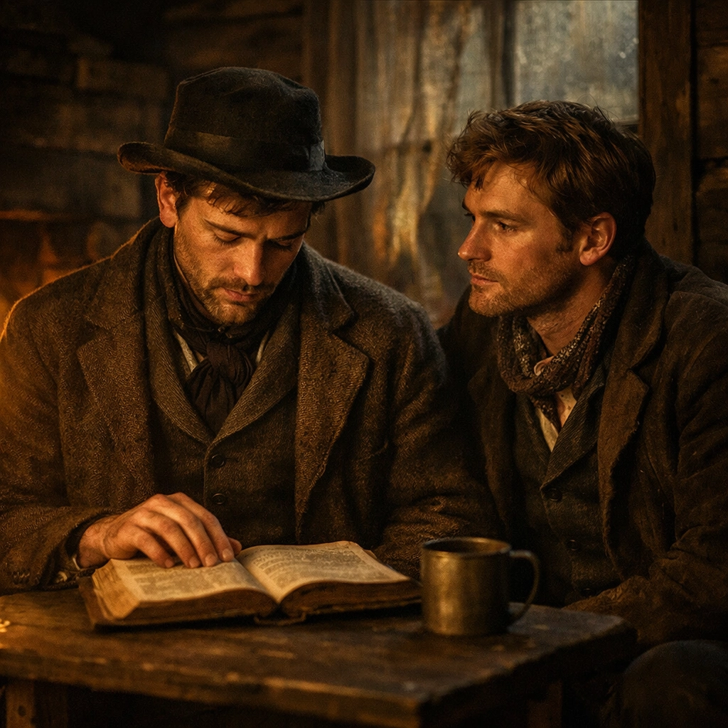 Historical gay romance scene with two men in a cabin reflecting the slow burn yearning of classic M/M books.
