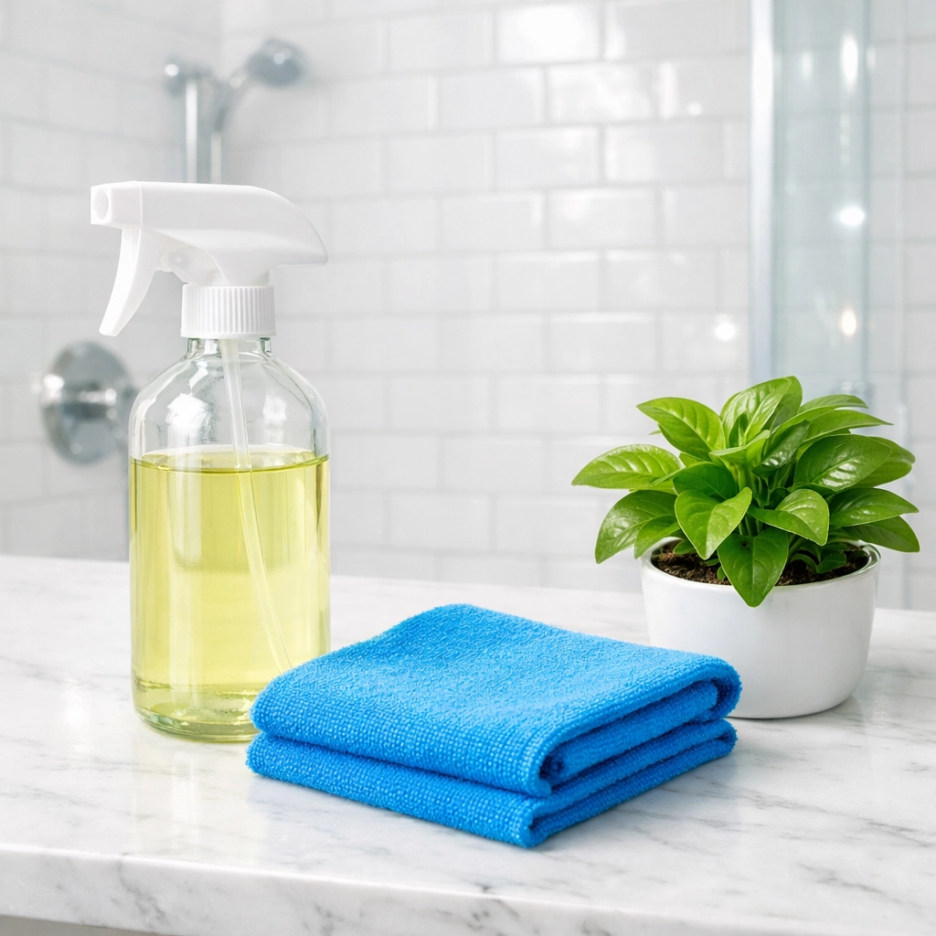 Eco-friendly cleaning products on a sparkling clean marble vanity in a Groton Massachusetts home.