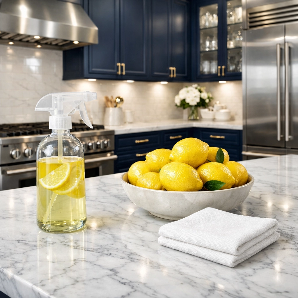 Spotless gourmet kitchen in Shrewsbury featuring marble counters and natural eco-friendly cleaning products.