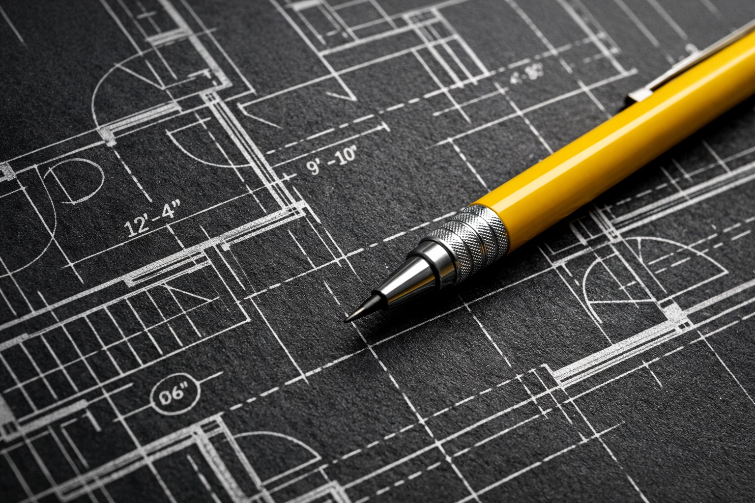 Close-up of architectural blueprints and a yellow pencil highlighting business credibility and planning.