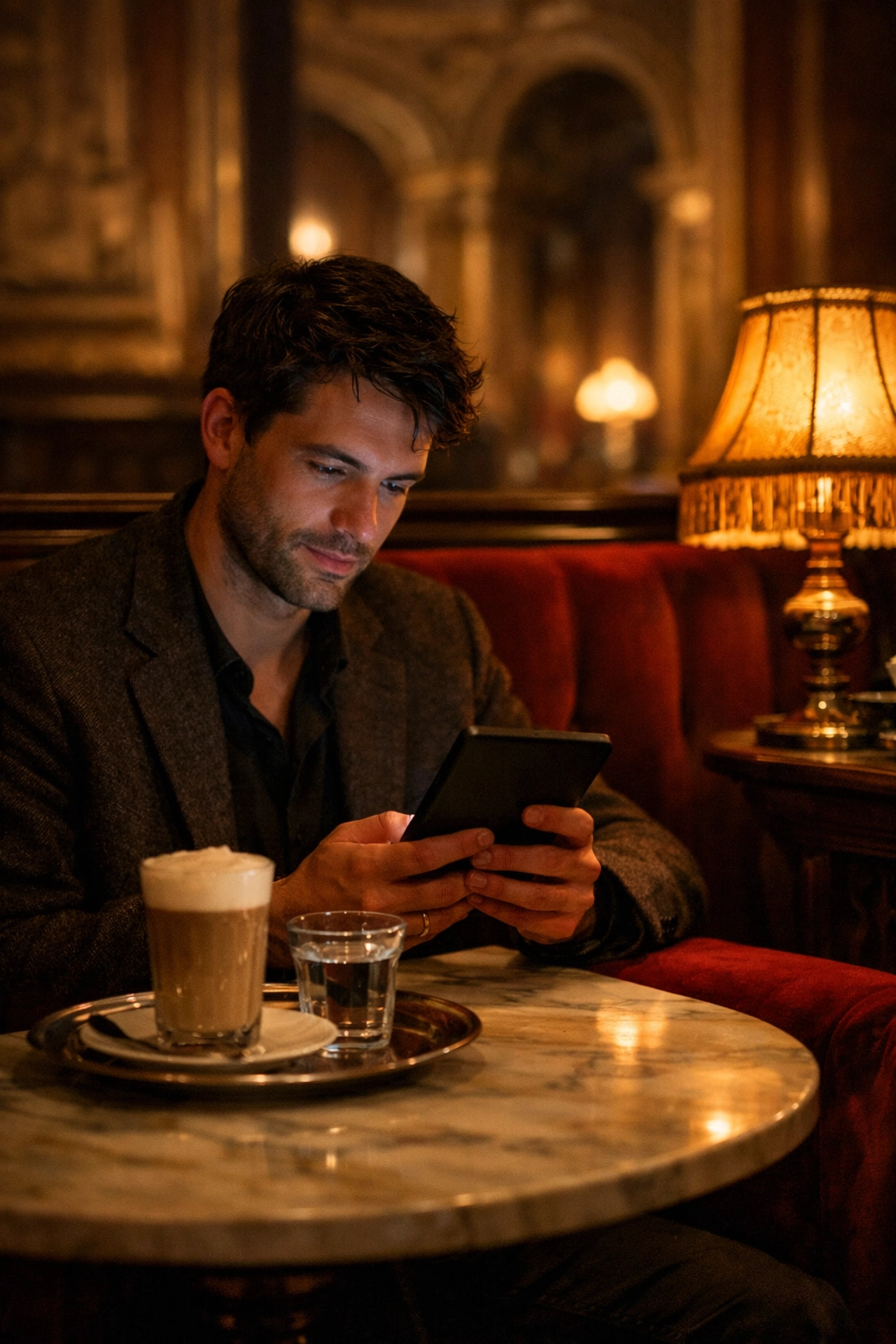 A man reads an MM romance book in a plush red velvet booth at the historic Café Savoy in Vienna.