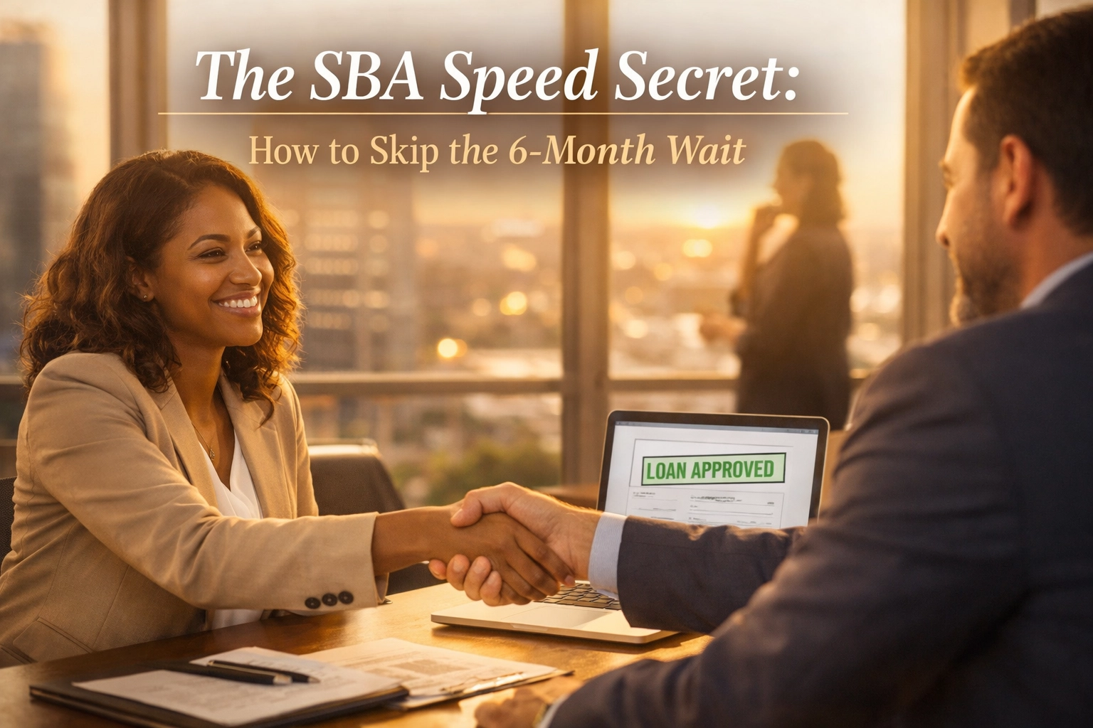 A businessman running with a briefcase representing fast SBA funding speed and the SBA Speed Secret