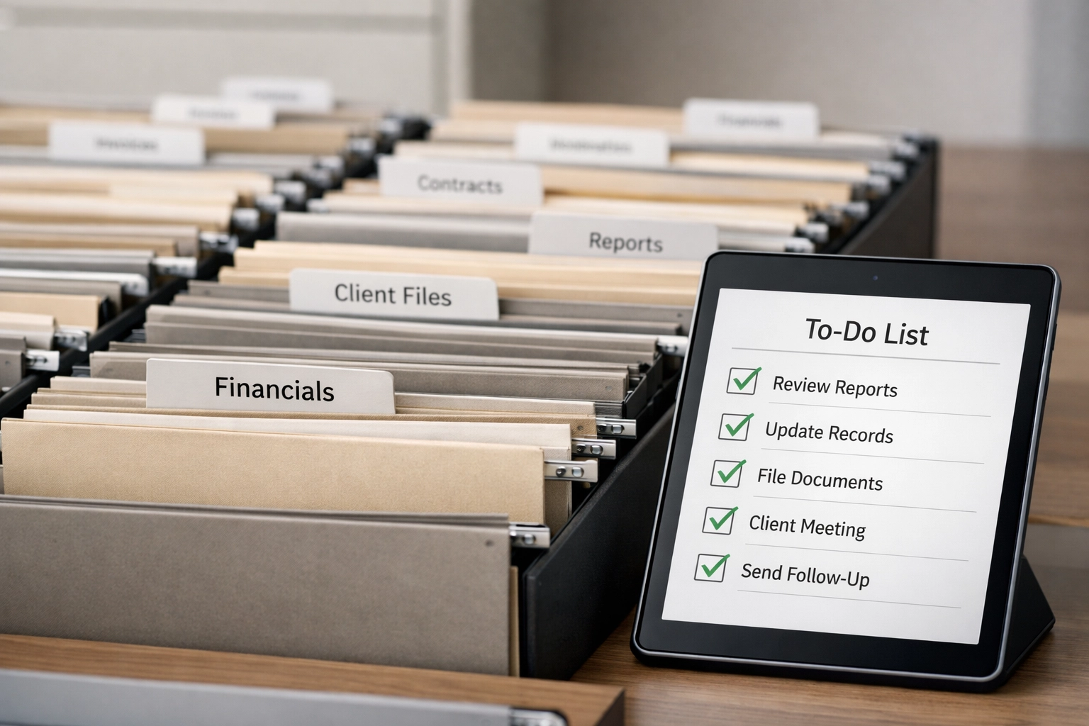 Organized tax preparer document filing system with PTIN verification checklist