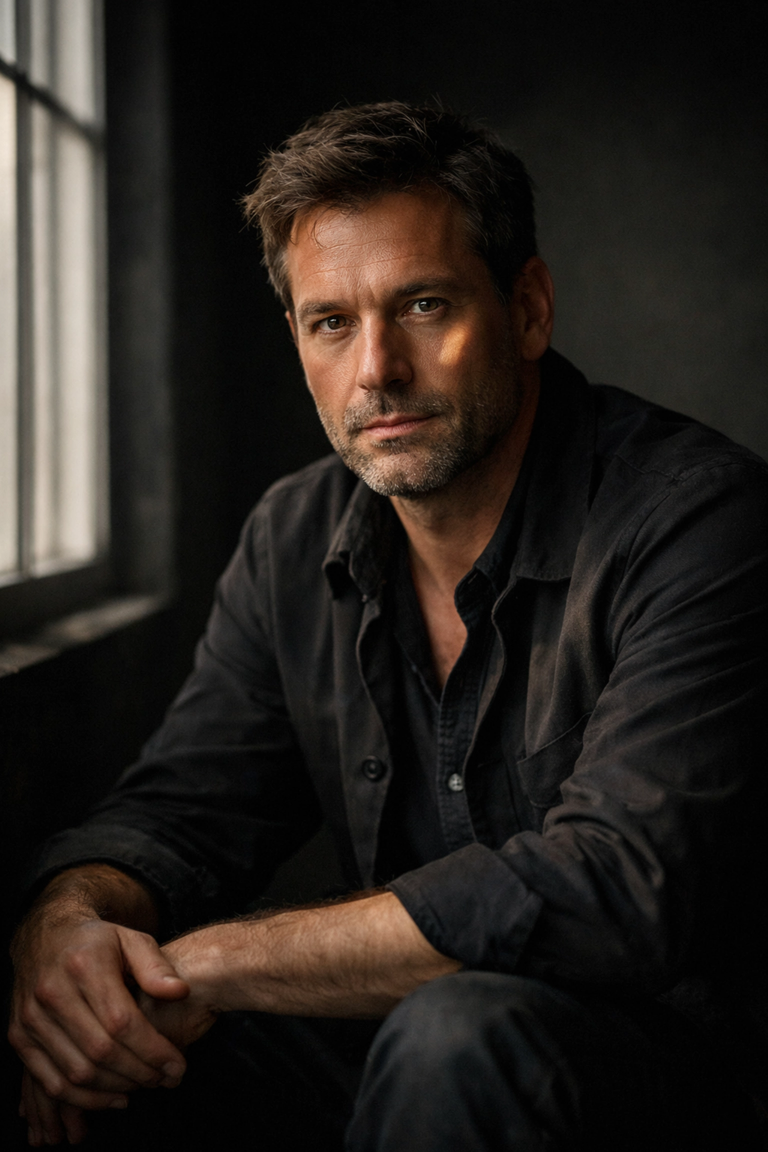 A portrait showing Rembrandt lighting and catchlights in the eyes using natural window light.