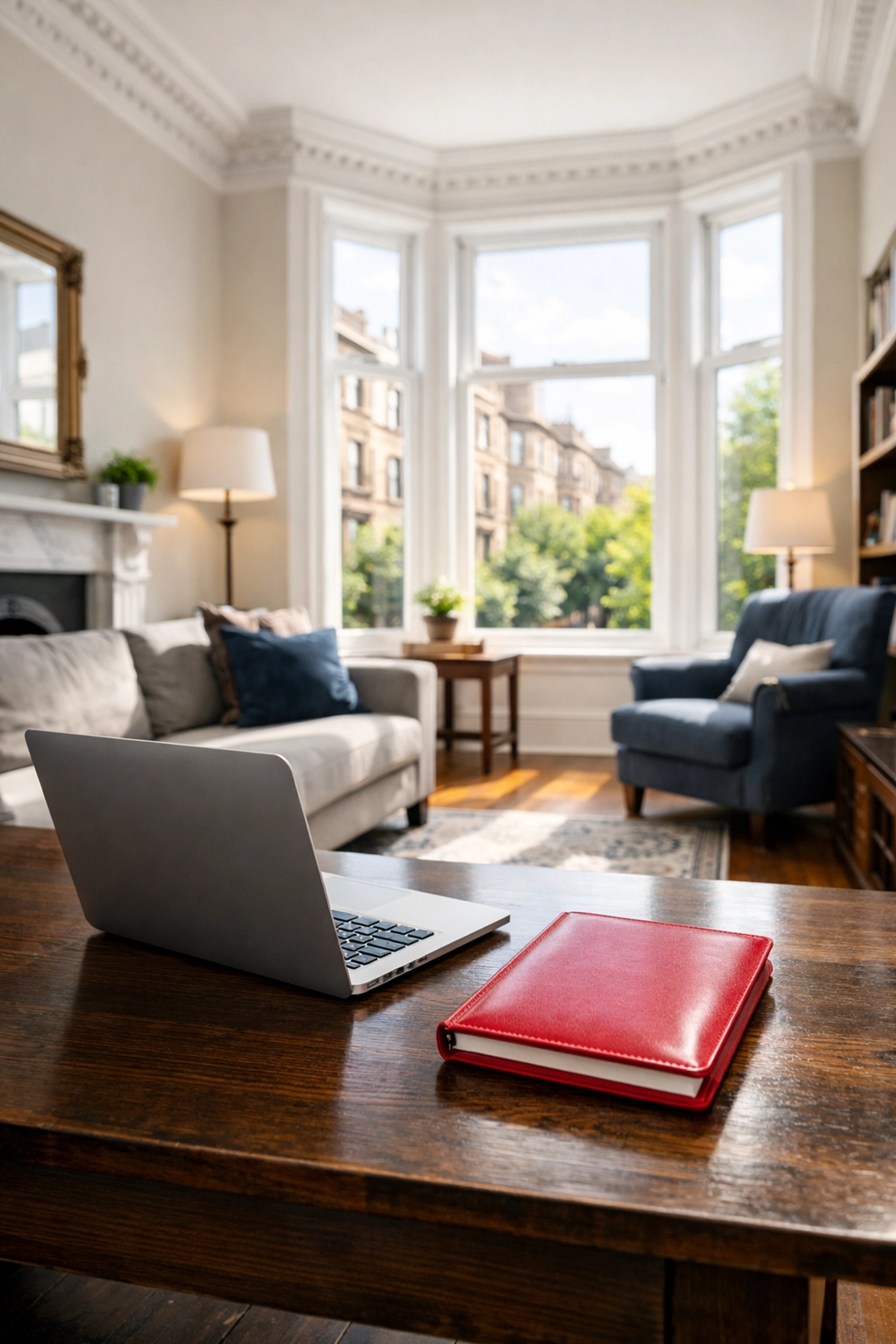 Professional house valuation in a sunlit Glasgow tenement living room with high ceilings.