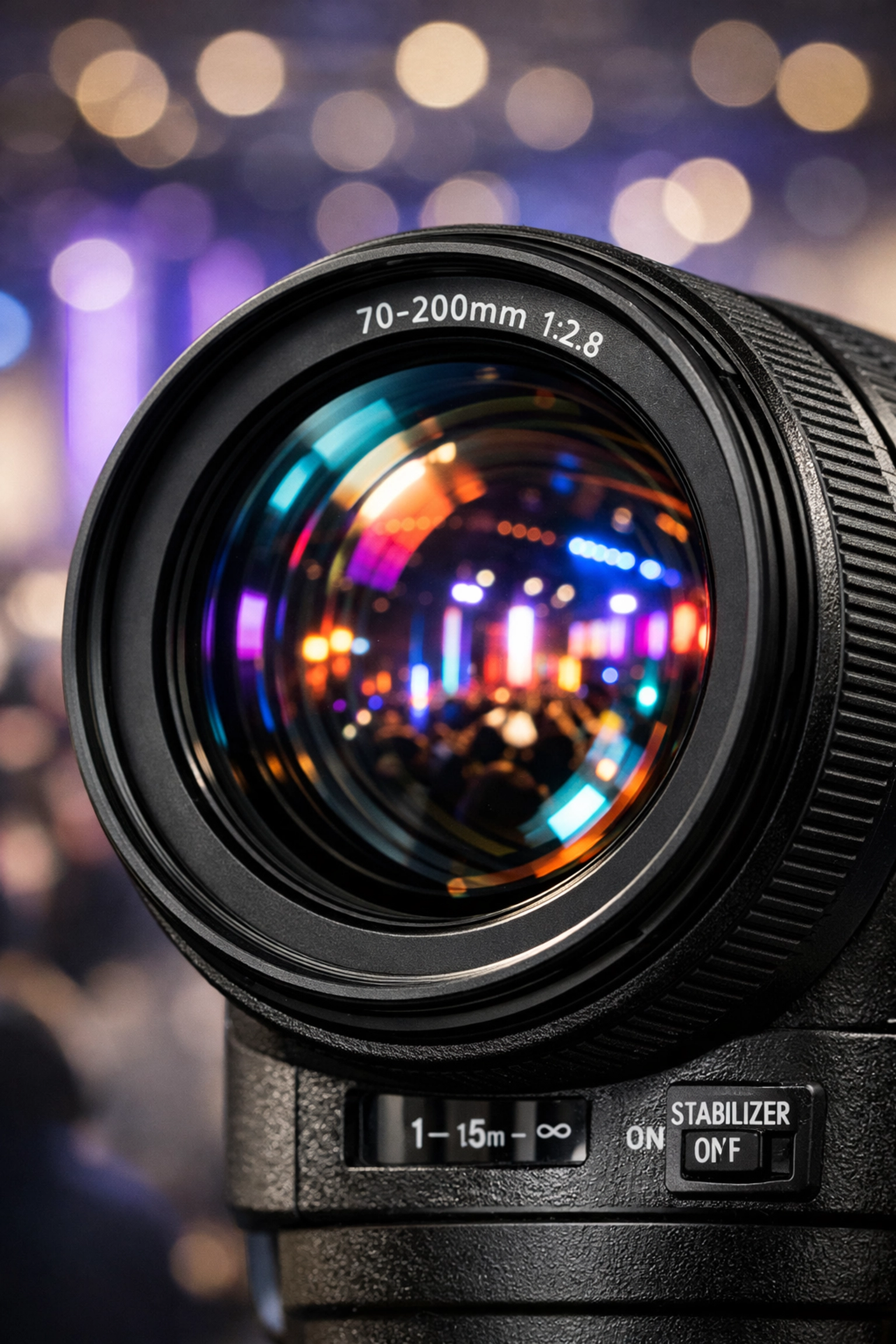 Professional camera lens reflecting colorful stage lights at a Miami corporate trade show.