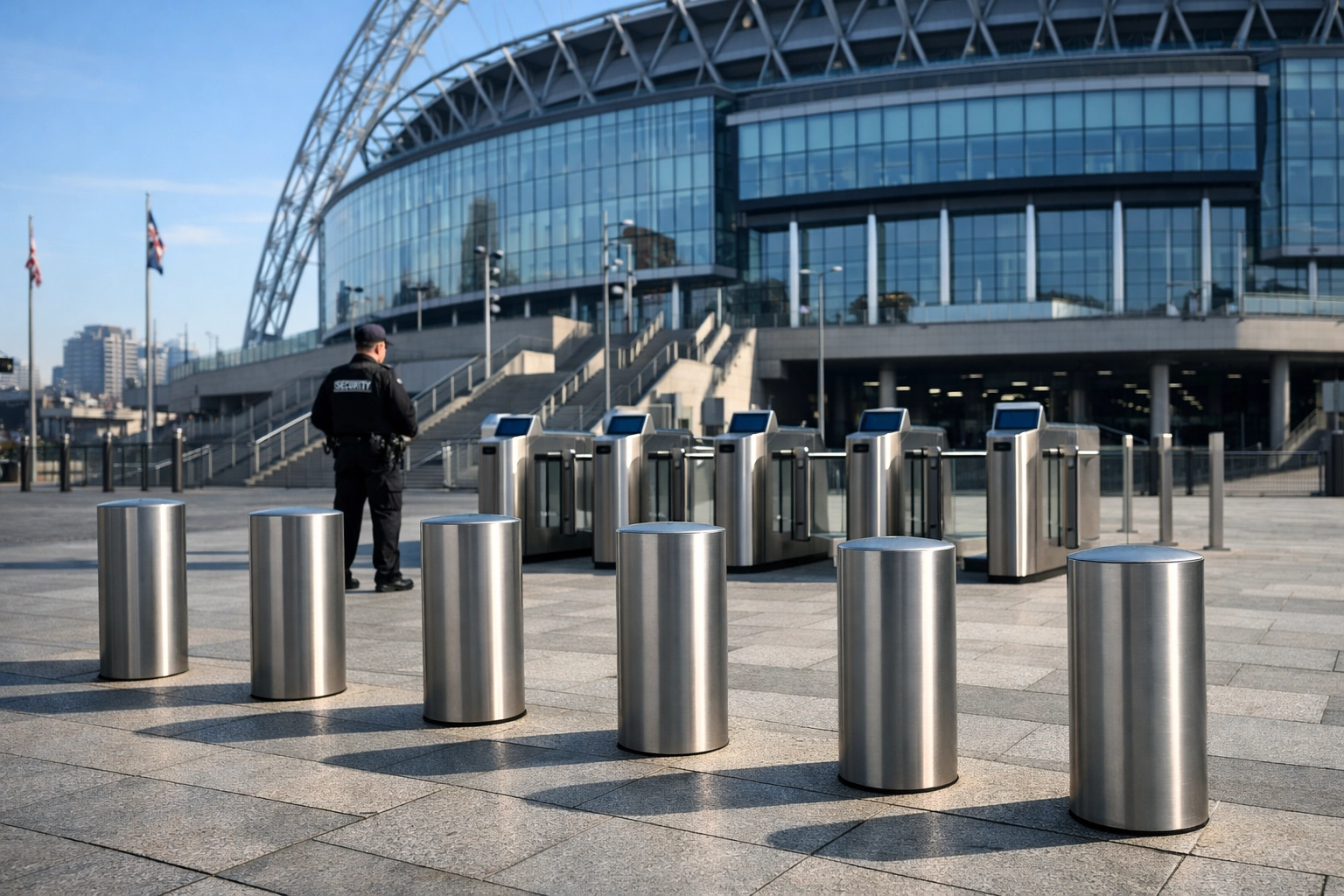 Security bollards and turnstiles at a large stadium plaza for Martyn's Law enhanced tier protection.