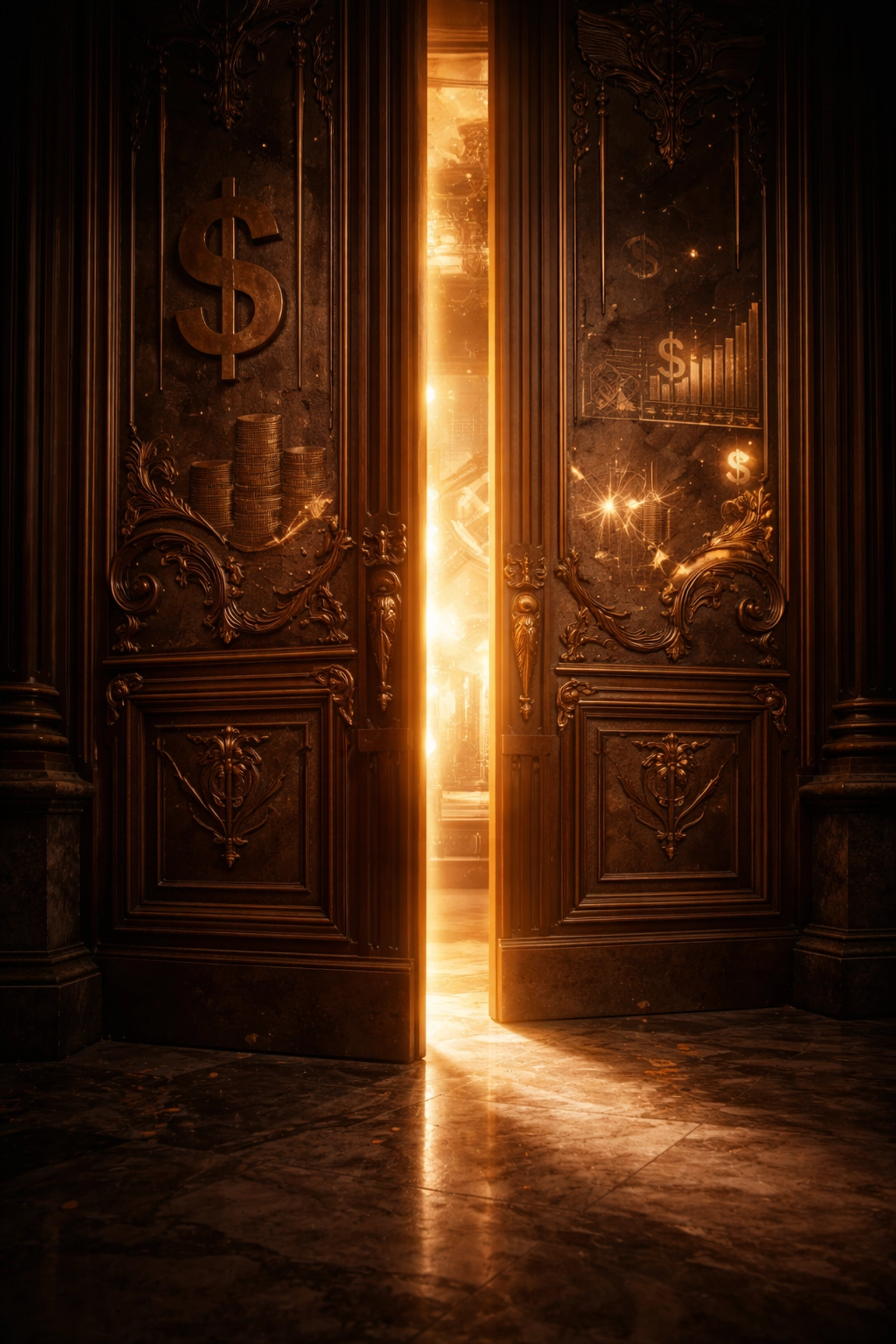 Ornate door opening to a glowing space with financial symbols, symbolizing access to exclusive investment opportunities for accredited investors.
