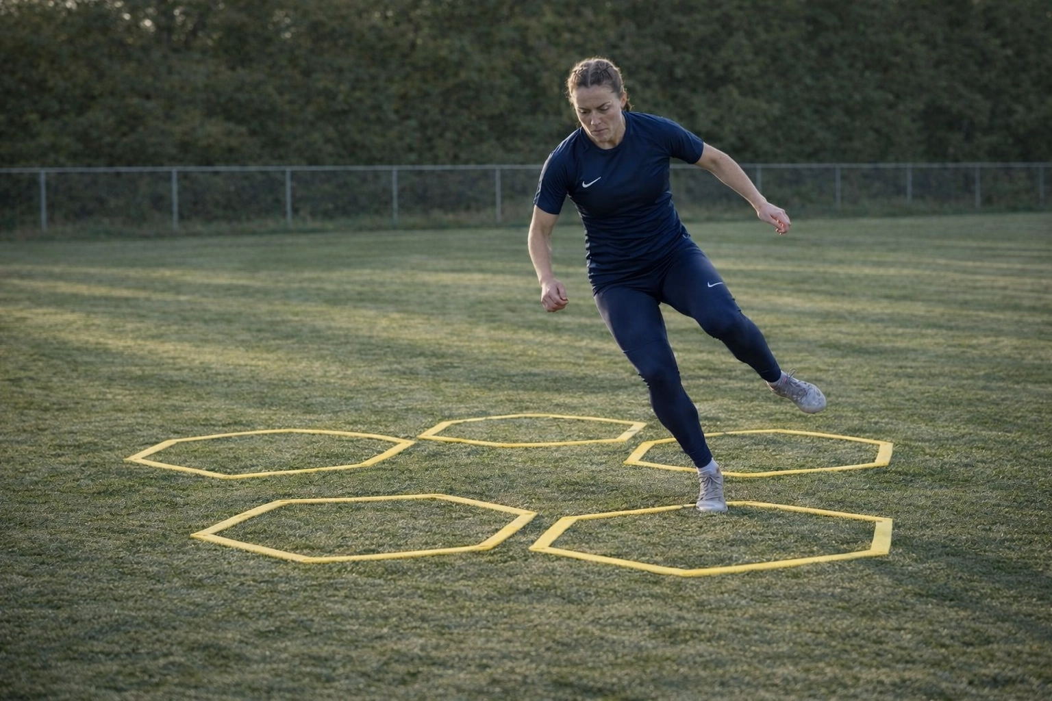 Female athlete executing single-leg hexagon hop drill for improved agility and quickness