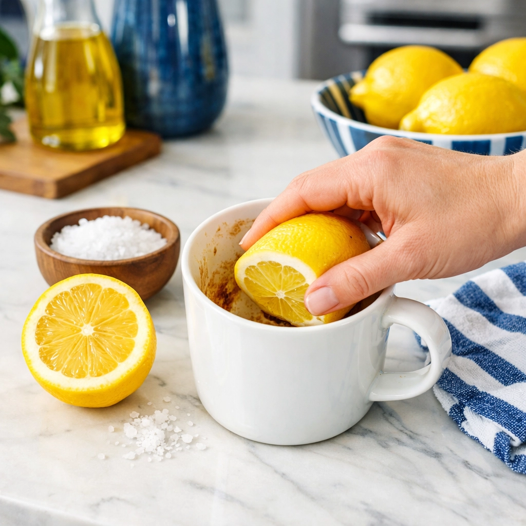 Using a lemon half and sea salt to naturally scrub coffee stains from a mug on a kitchen island.