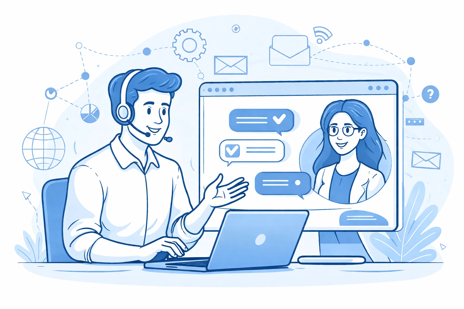 Support professional communicating with client through live chat, symbolizing reliable web design support