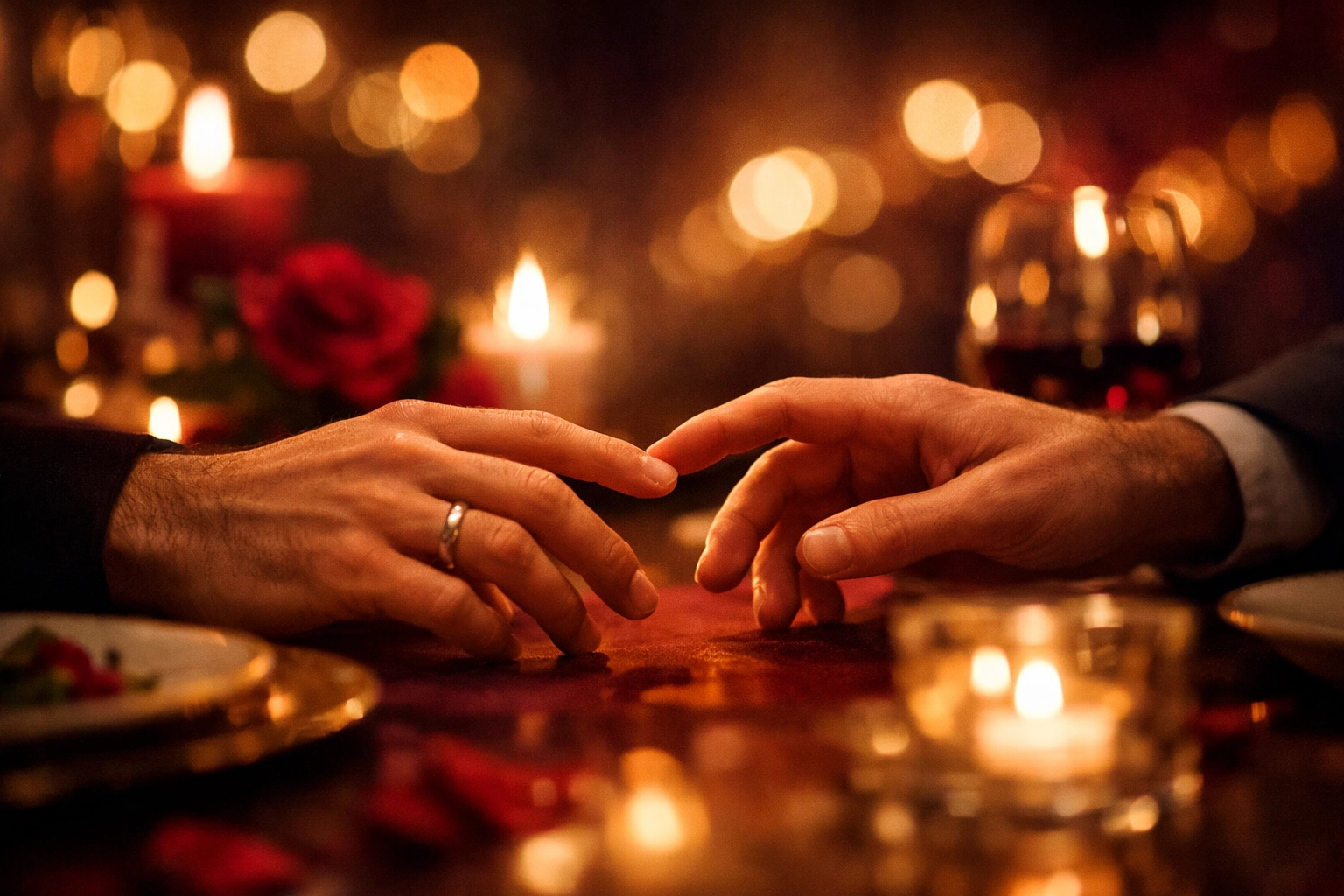 Hands reaching across candlelit table during first Valentine's dinner in MM romance story