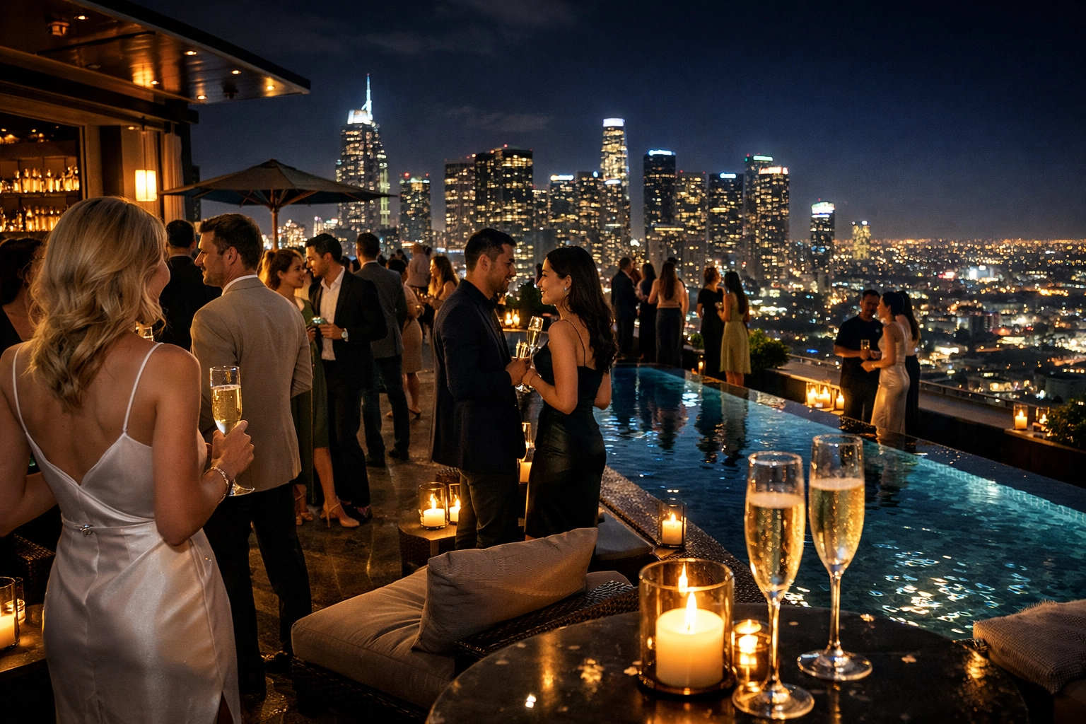 Elegant guests at a curated rooftop nightlife event overlooking the city skyline at night.