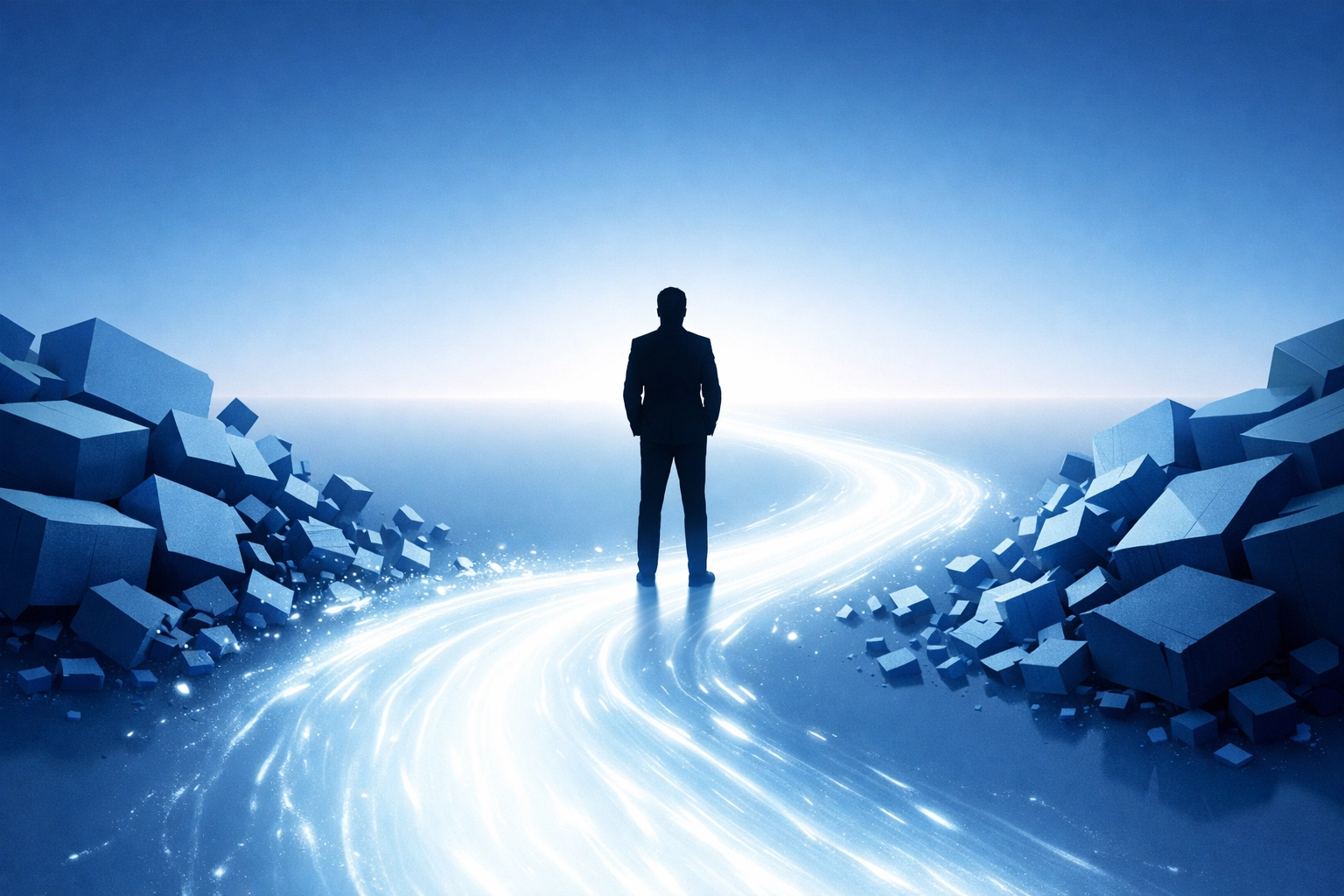 Professional silhouette visualizing strategic growth through AI workflow automation and digital transformation.