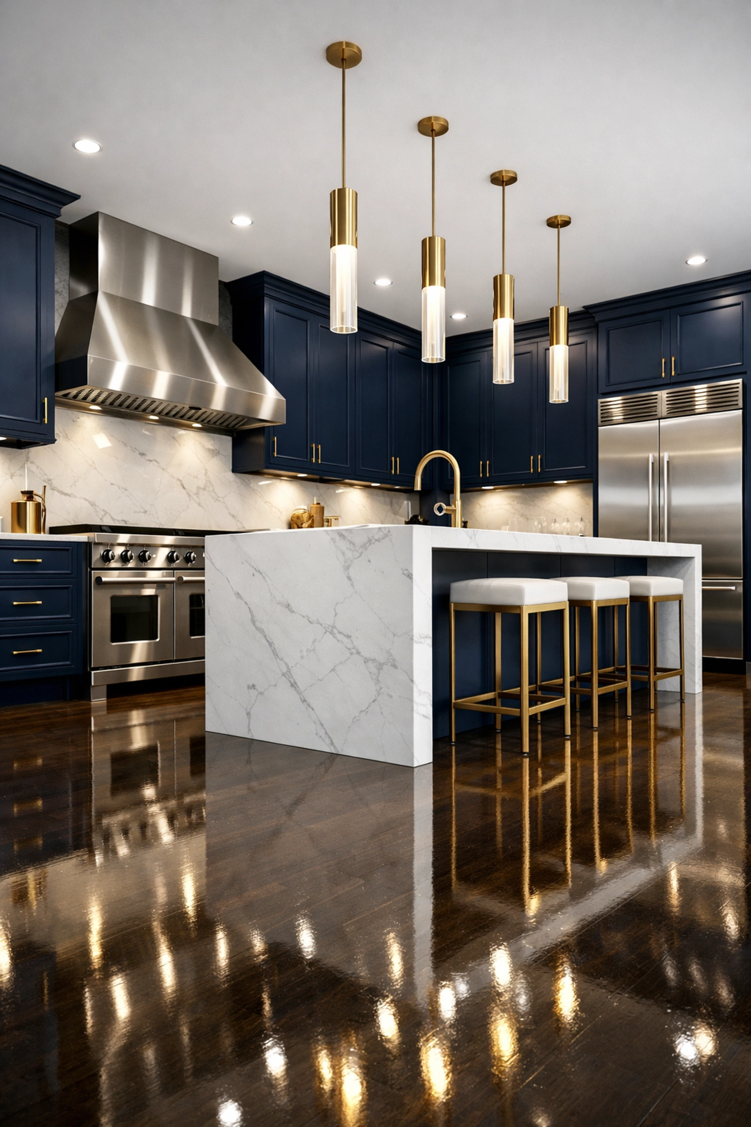 Professional luxury residential cleaning in Sherborn showcasing a polished high-end gourmet kitchen.