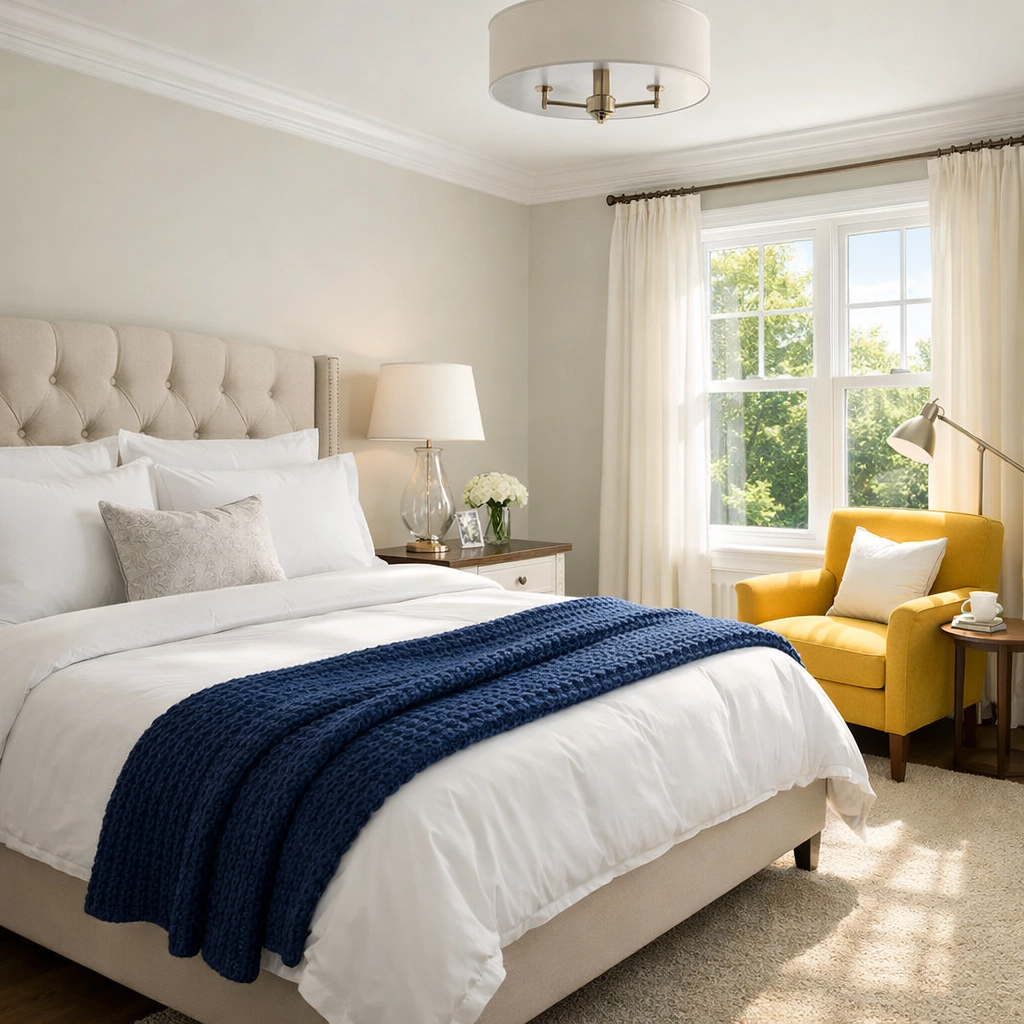 Spotless luxury bedroom in Natick MA showcasing the results of ninja-level house cleaning services.