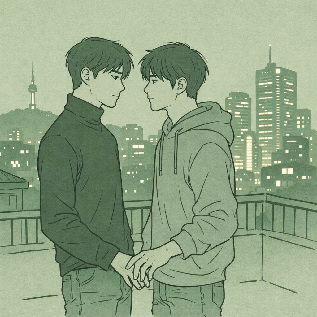 Two Korean men share an intimate moment on a Seoul rooftop at dusk with city lights behind them