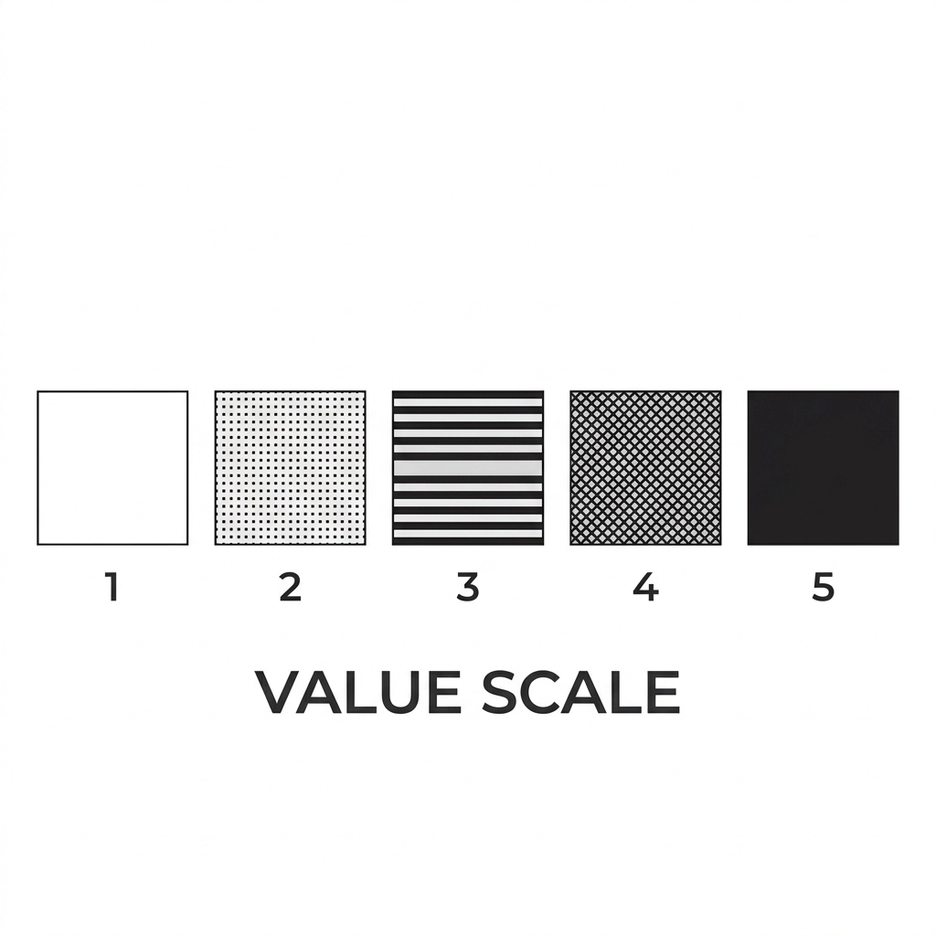 Value Scale: Iconographic representation of the 10-step value scale used in realism