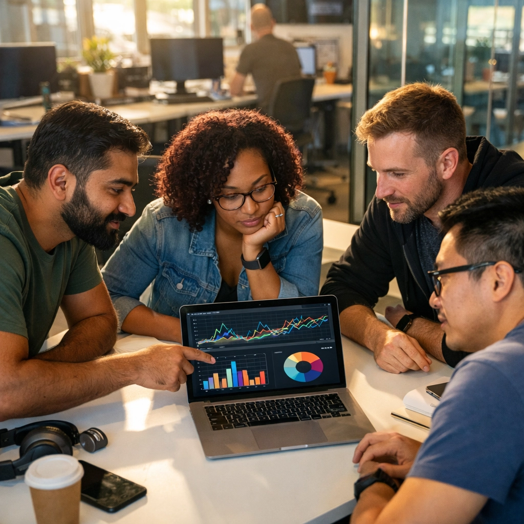 IT professionals collaborating on ServiceNow consulting services and data analytics in a modern office.