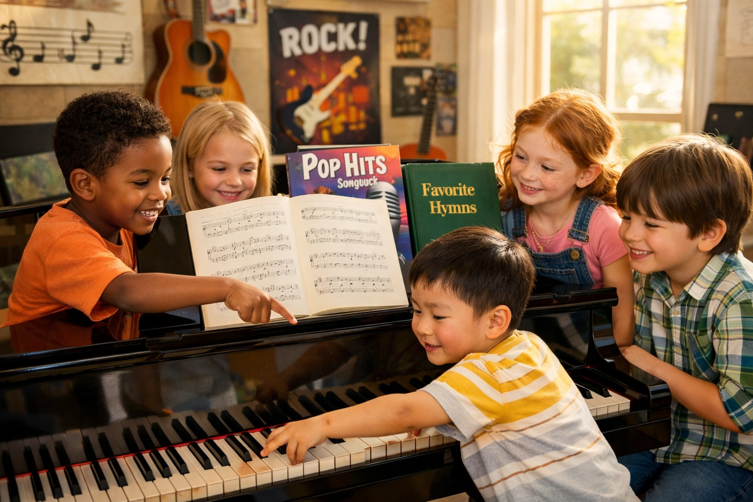 Diverse children learning piano together with various music styles in a bright studio