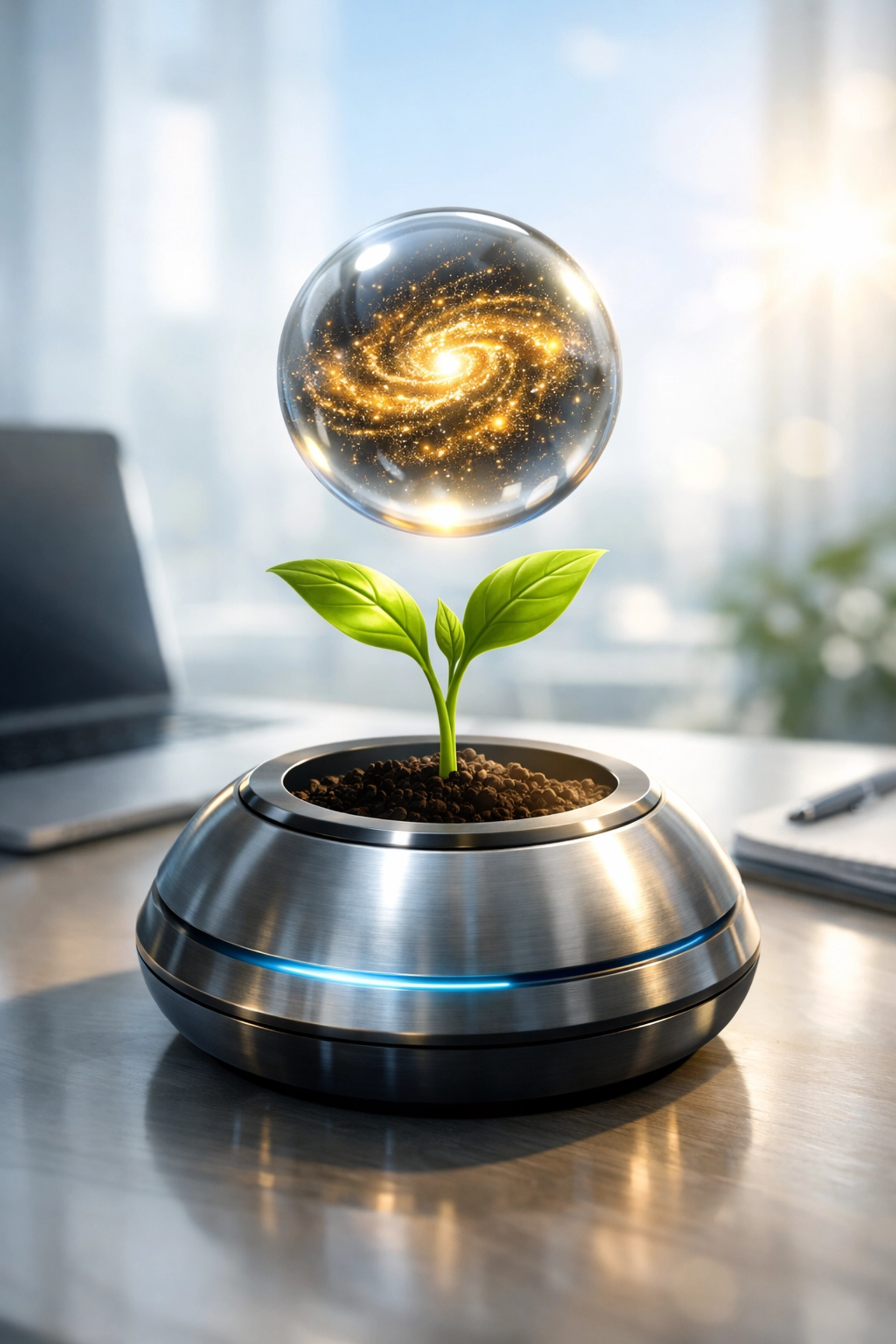 A growing plant nurtured by an AI sphere, symbolizing business ROI growth through marketing automation.