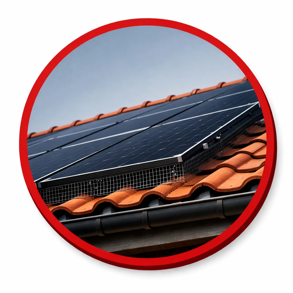 Rooftop solar panels with professional bird guard screening to prevent pigeons in Coolidge AZ.