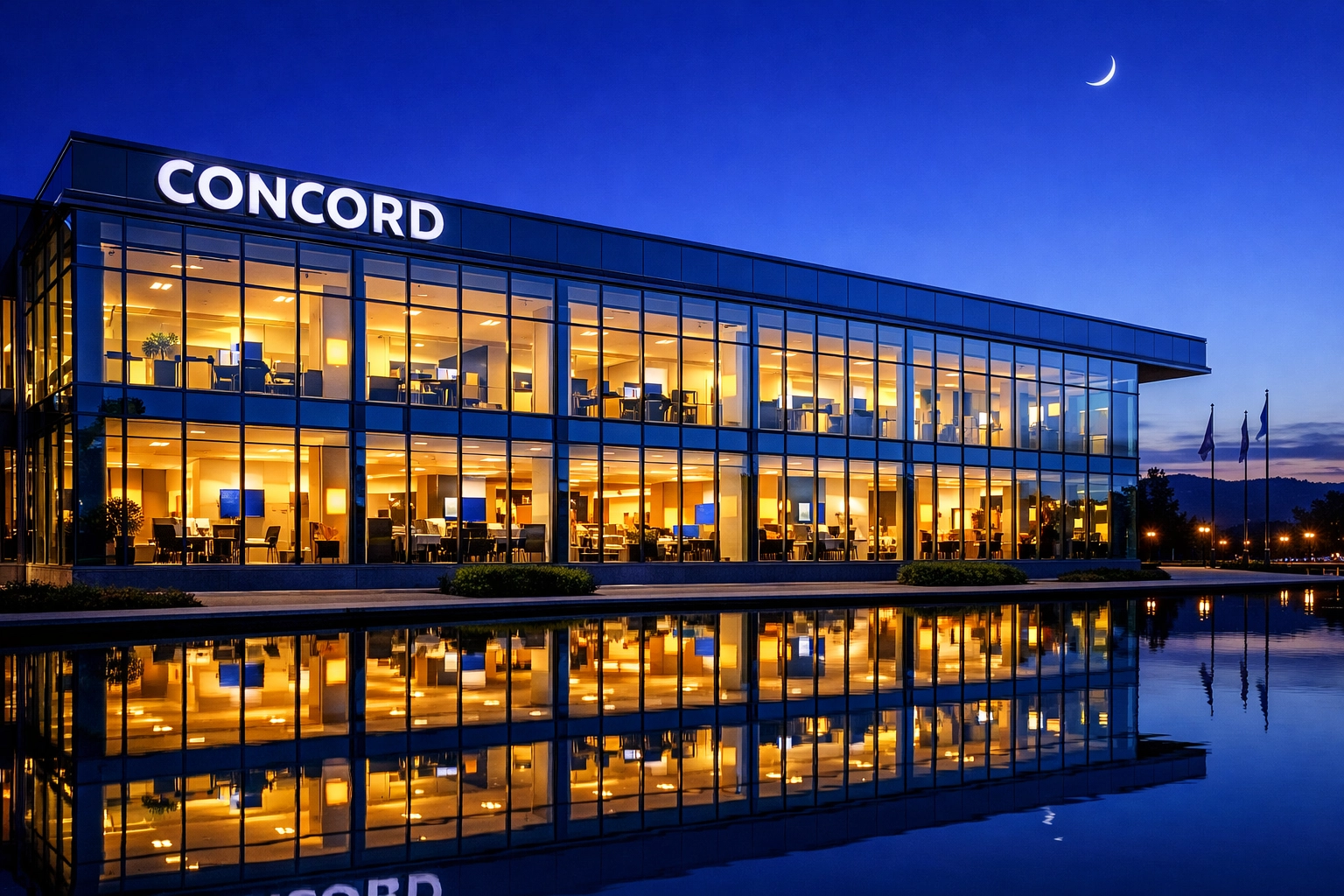 Exterior view of a modern Concord commercial building showing clean, illuminated professional office interiors.