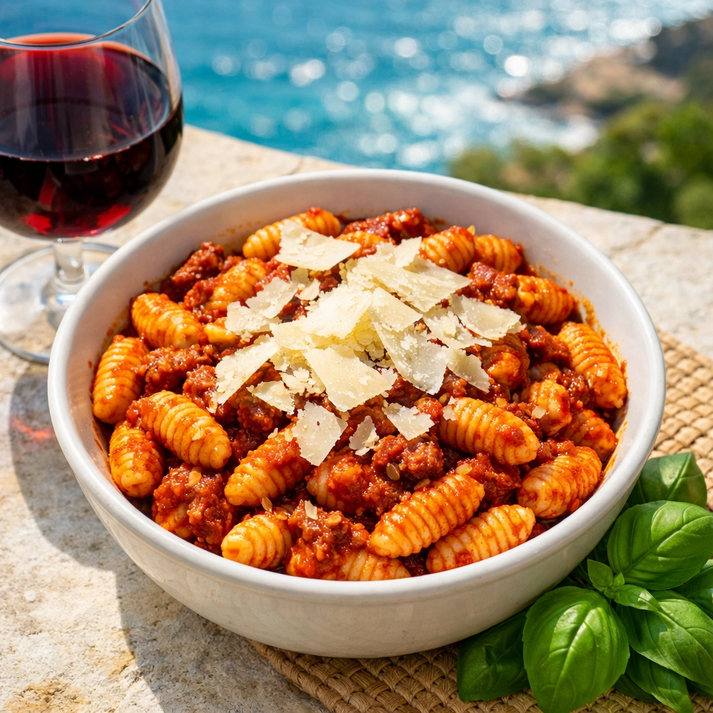 Malloreddus Sardinian pasta with tomato ragù sauce and pecorino cheese