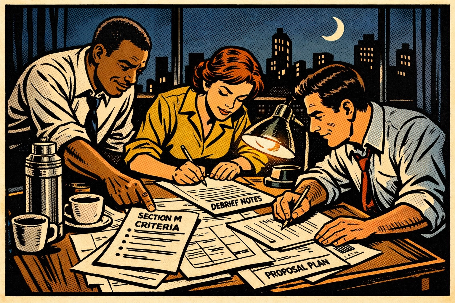 Proposal team applying government evaluator feedback to improve rating defensibility for next bid