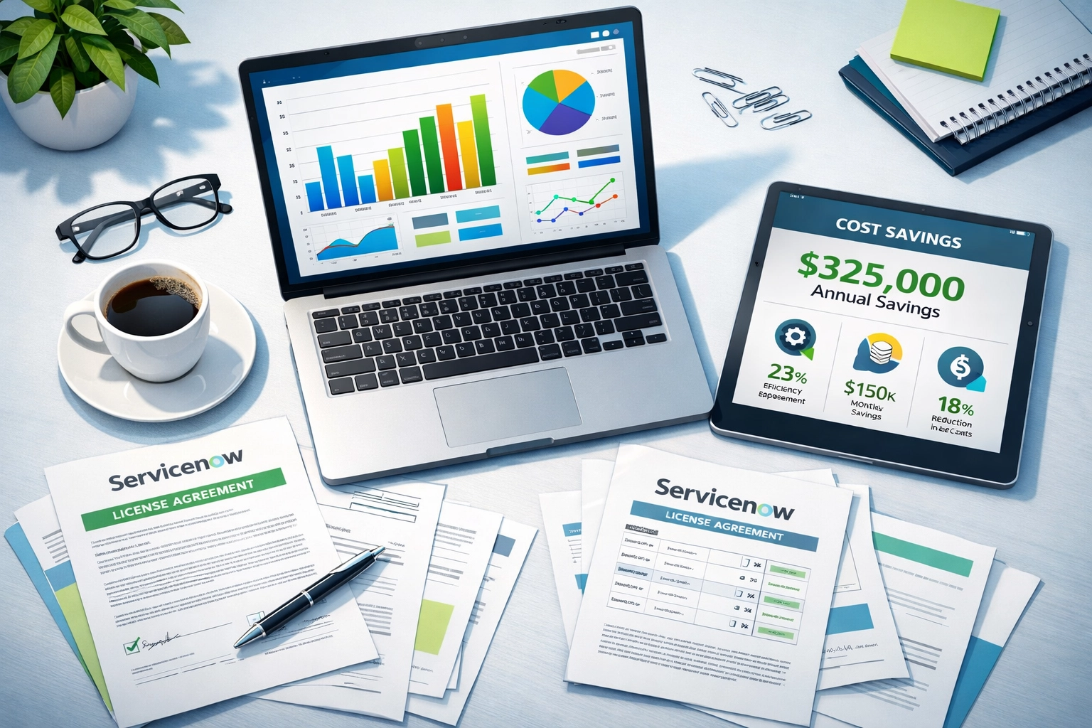 ServiceNow ITAM analytics dashboard showing license utilization and financial savings opportunities