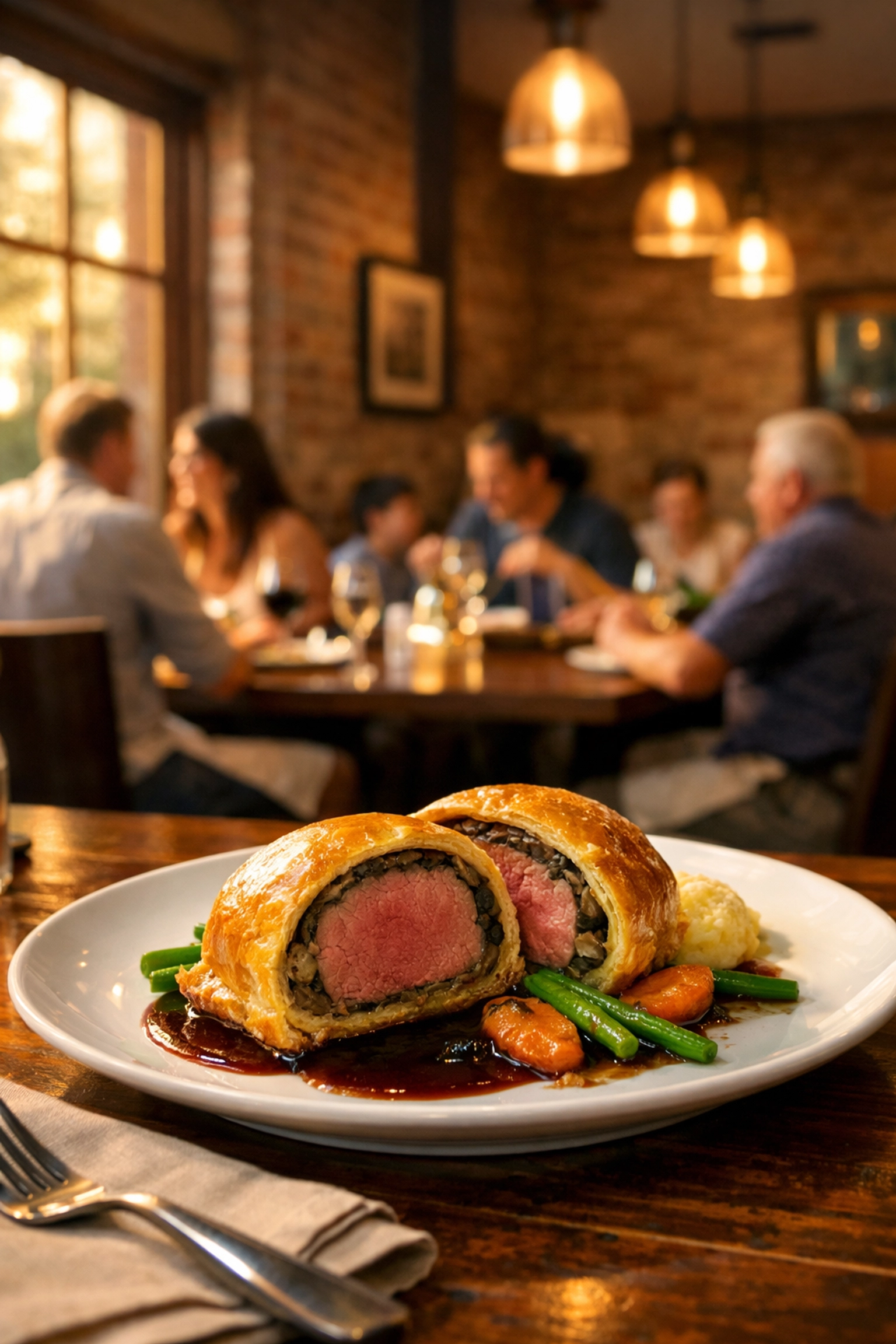 Upscale casual dining interior with plated Beef Wellington and diners at Baxter's Restaurant
