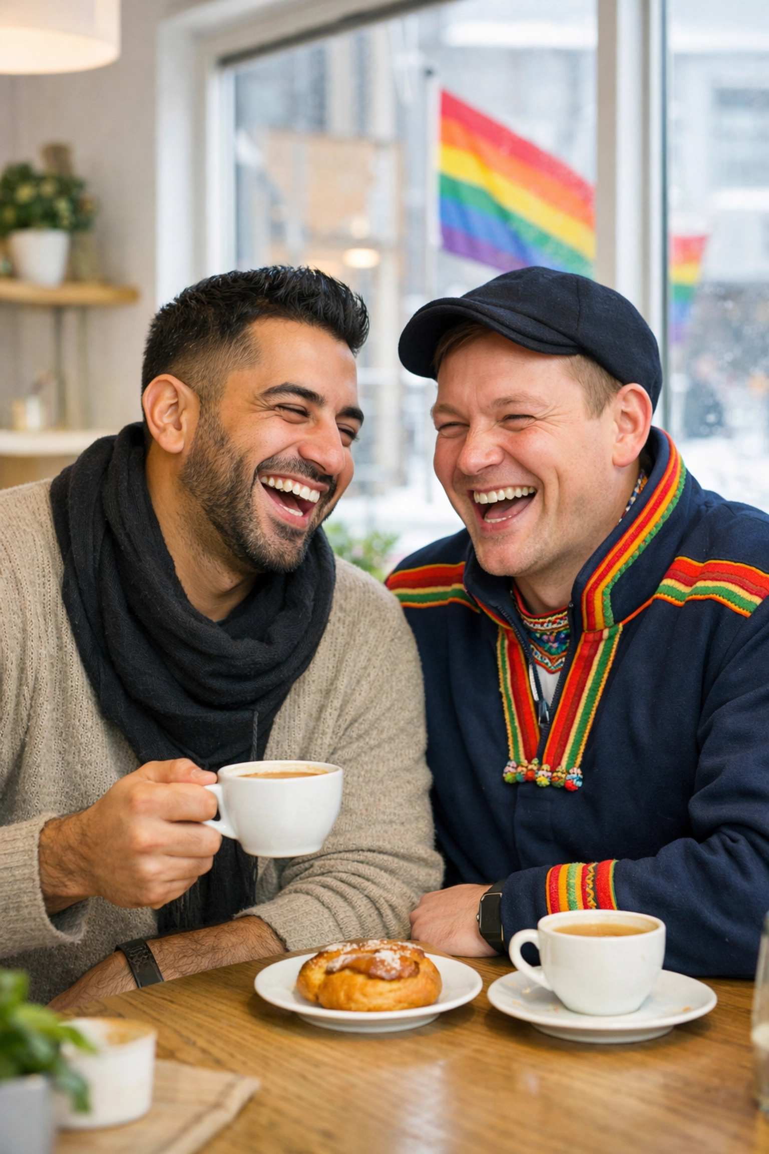 Diverse gay men sharing fika in Oslo, representing intersectionality and modern LGBTQ+ life in Scandinavia.