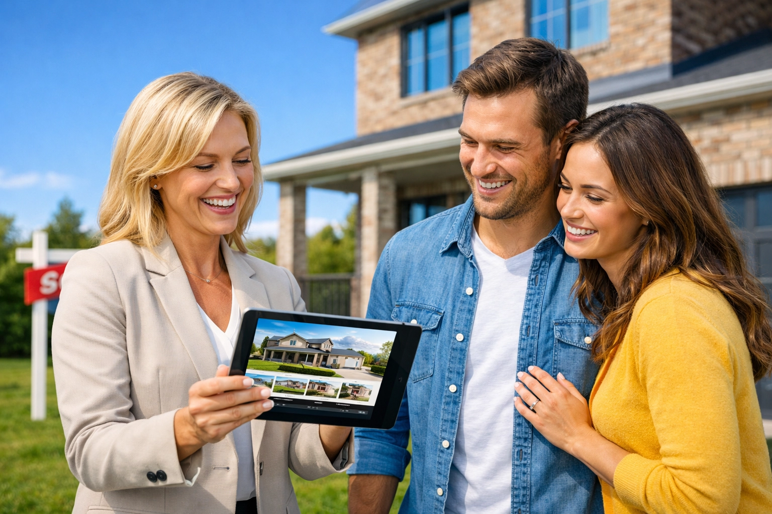 Happy couple reviewing local Triad property listings on a tablet with a professional real estate expert.