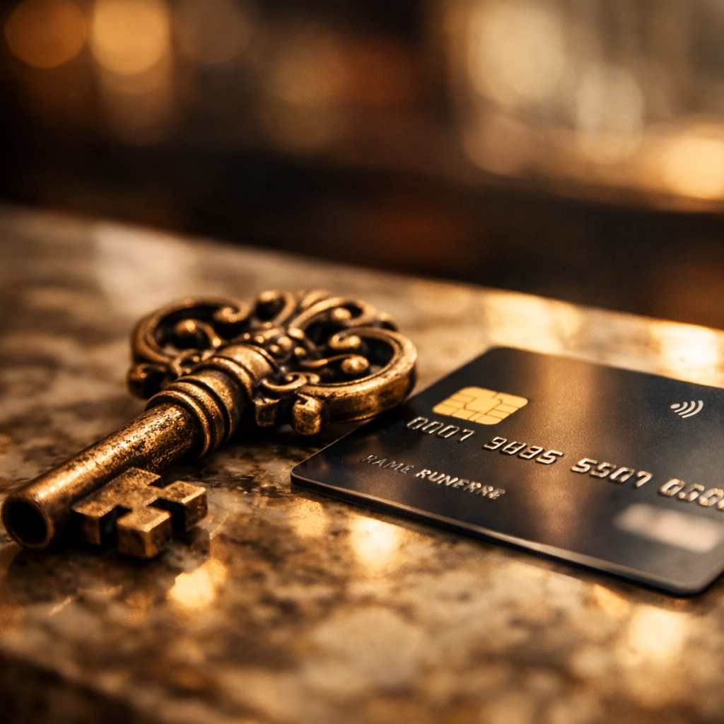 A vintage key and modern credit card symbolizing the importance of a long credit history for higher scores.