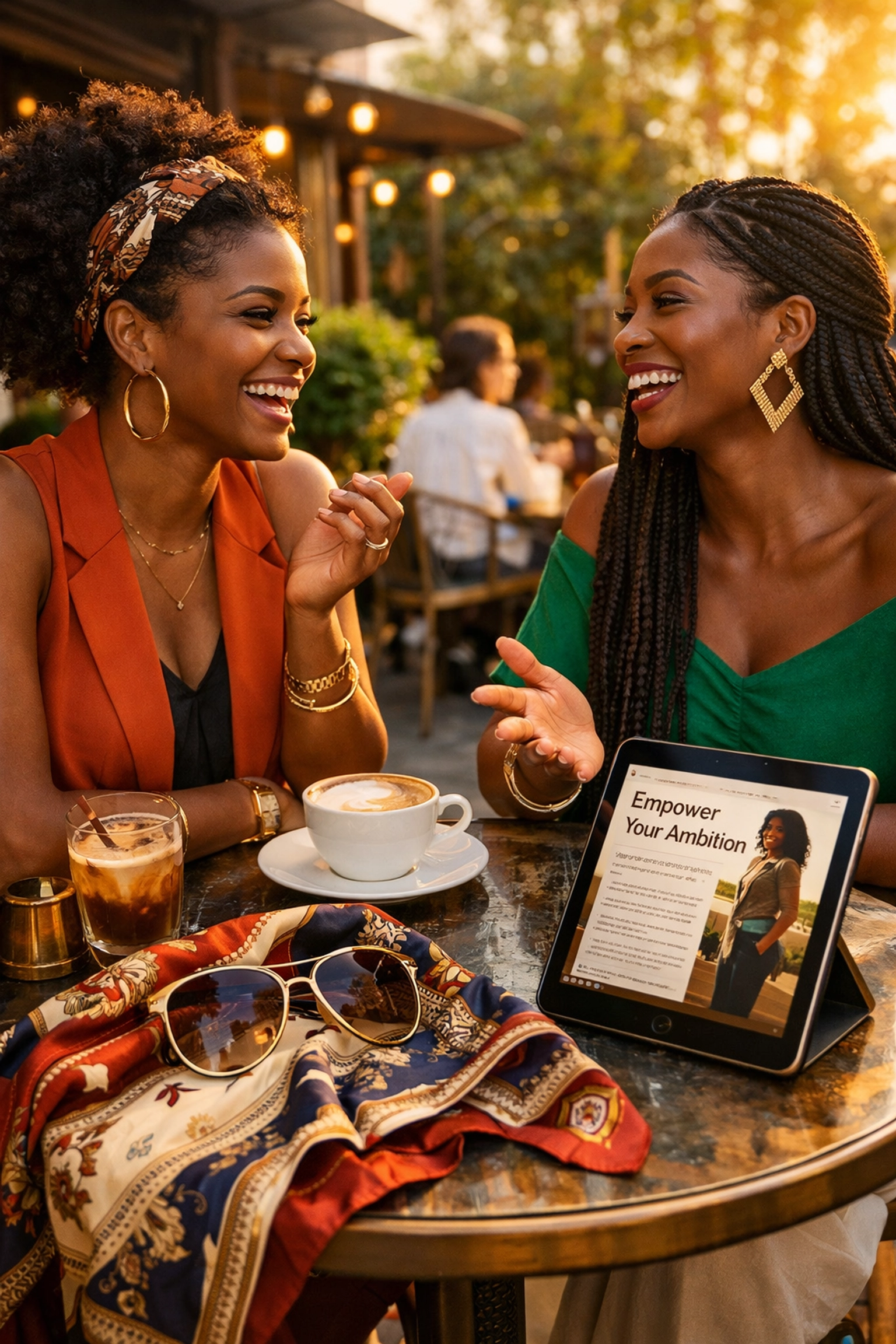 Why Sonny’s "Black People of Interest" Spotlight Will Change the Way You #Buyblack Two Black women sharing knowledge about empowering Black-owned brands and accessories at a bistro.