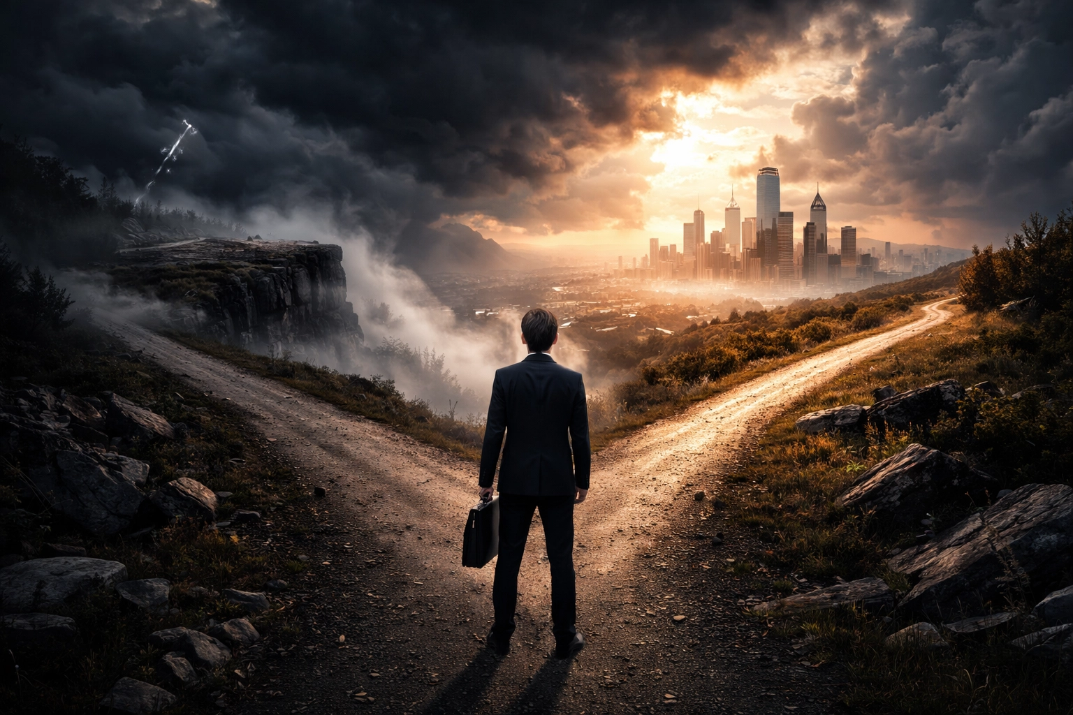 A business leader faces a crossroads in a stormy landscape, symbolizing the risk of inaction during political uncertainty.