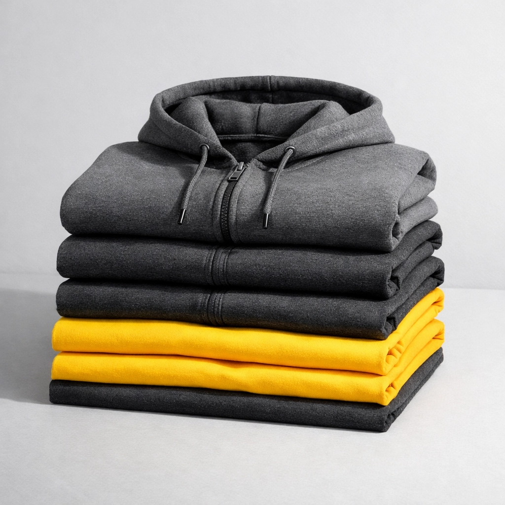 Organized stack of custom t shirts and hoodies for professional lawn care team uniforms.