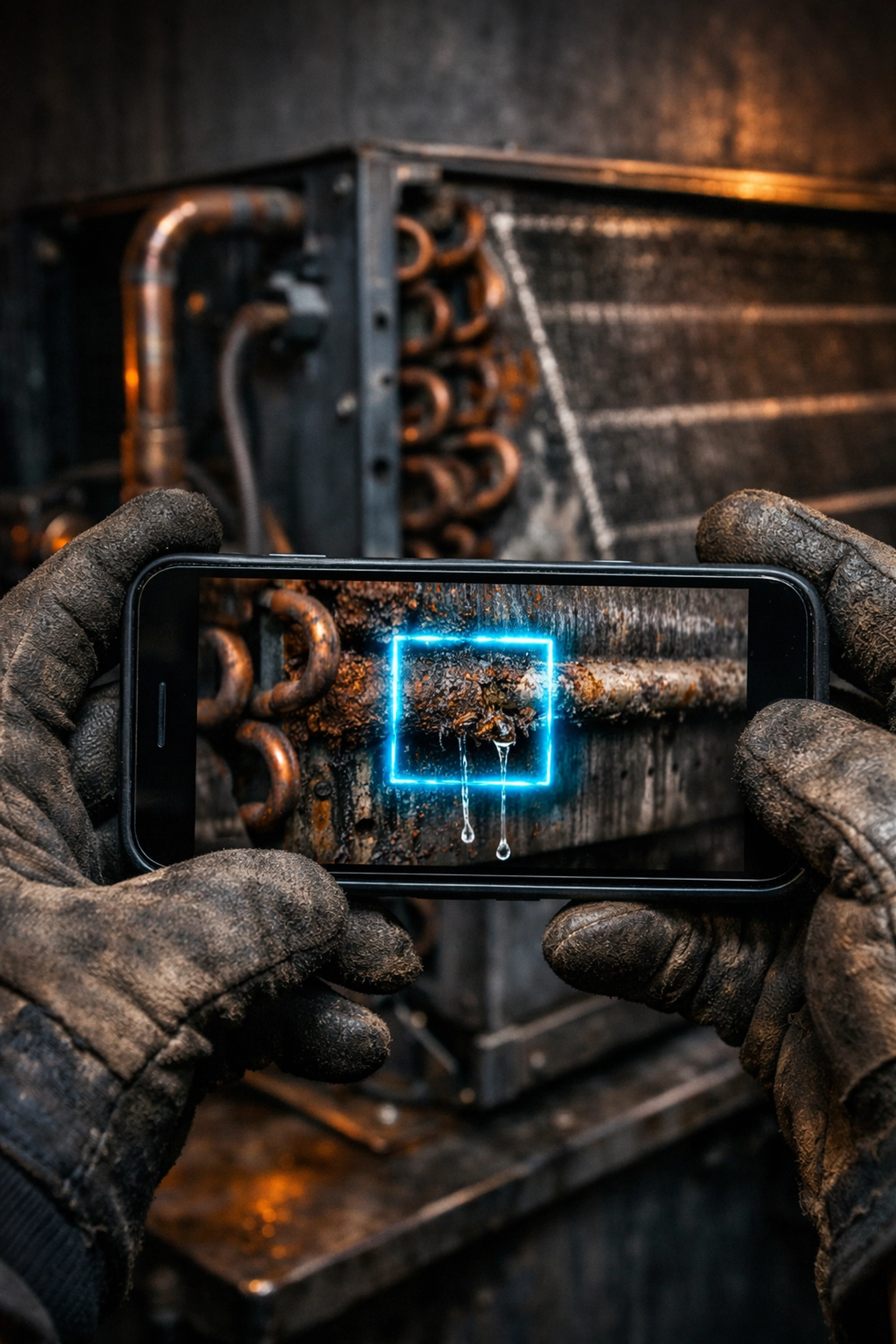 Technician holding smartphone with live video proof of a rusted HVAC coil to build customer trust.